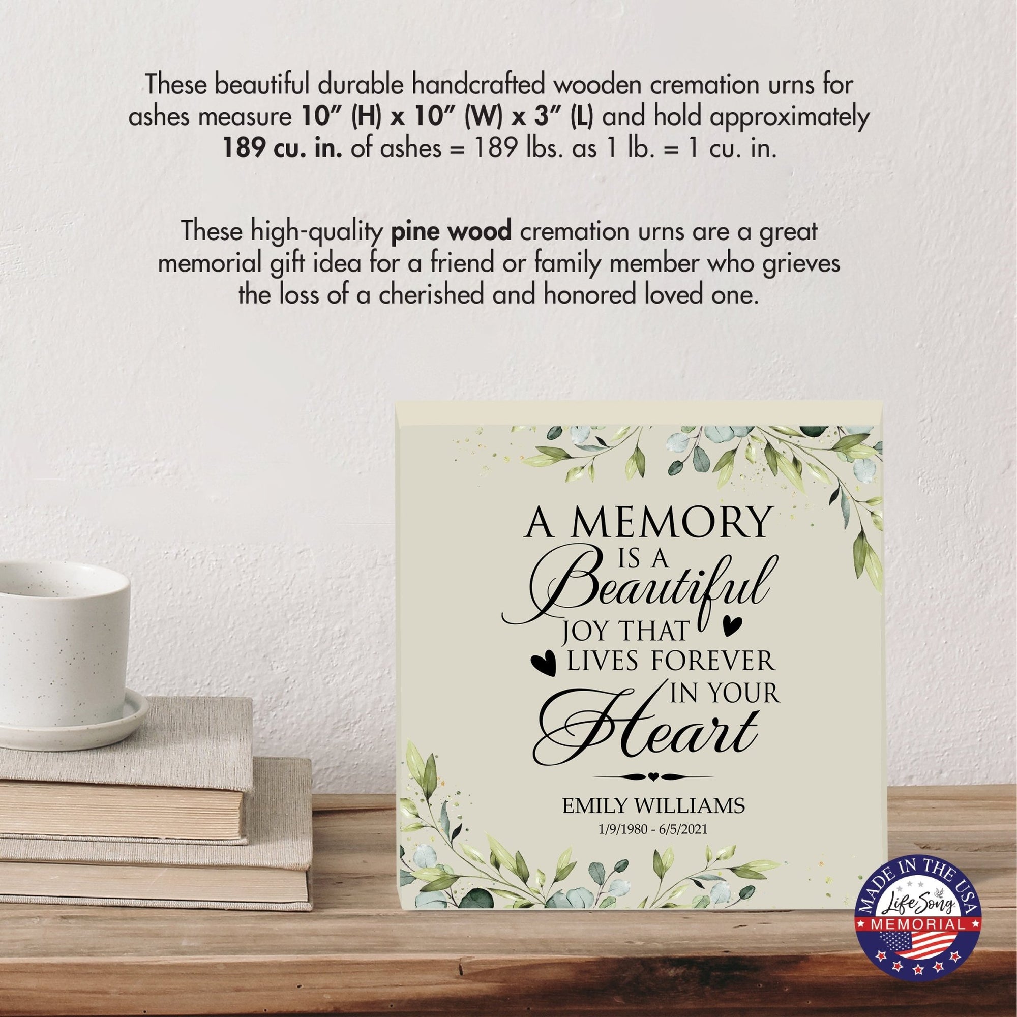 Timeless Human Memorial Shadow Box Urn With Inspirational Verse in Ivory - A Memory Is A Beautiful Joy - LifeSong Milestones