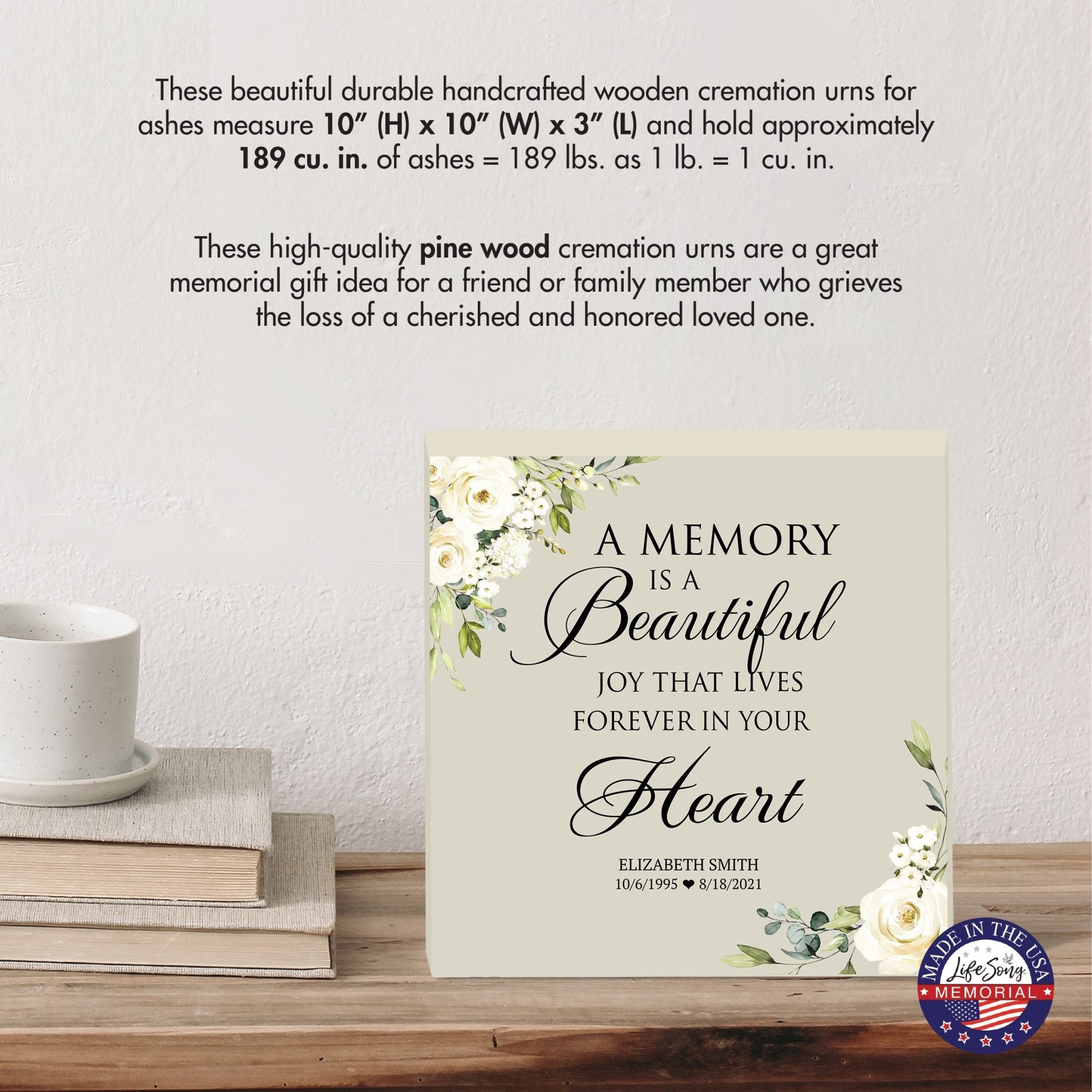 Timeless Human Memorial Shadow Box Urn With Inspirational Verse in Ivory - A Memory Is A Beautiful Joy - LifeSong Milestones