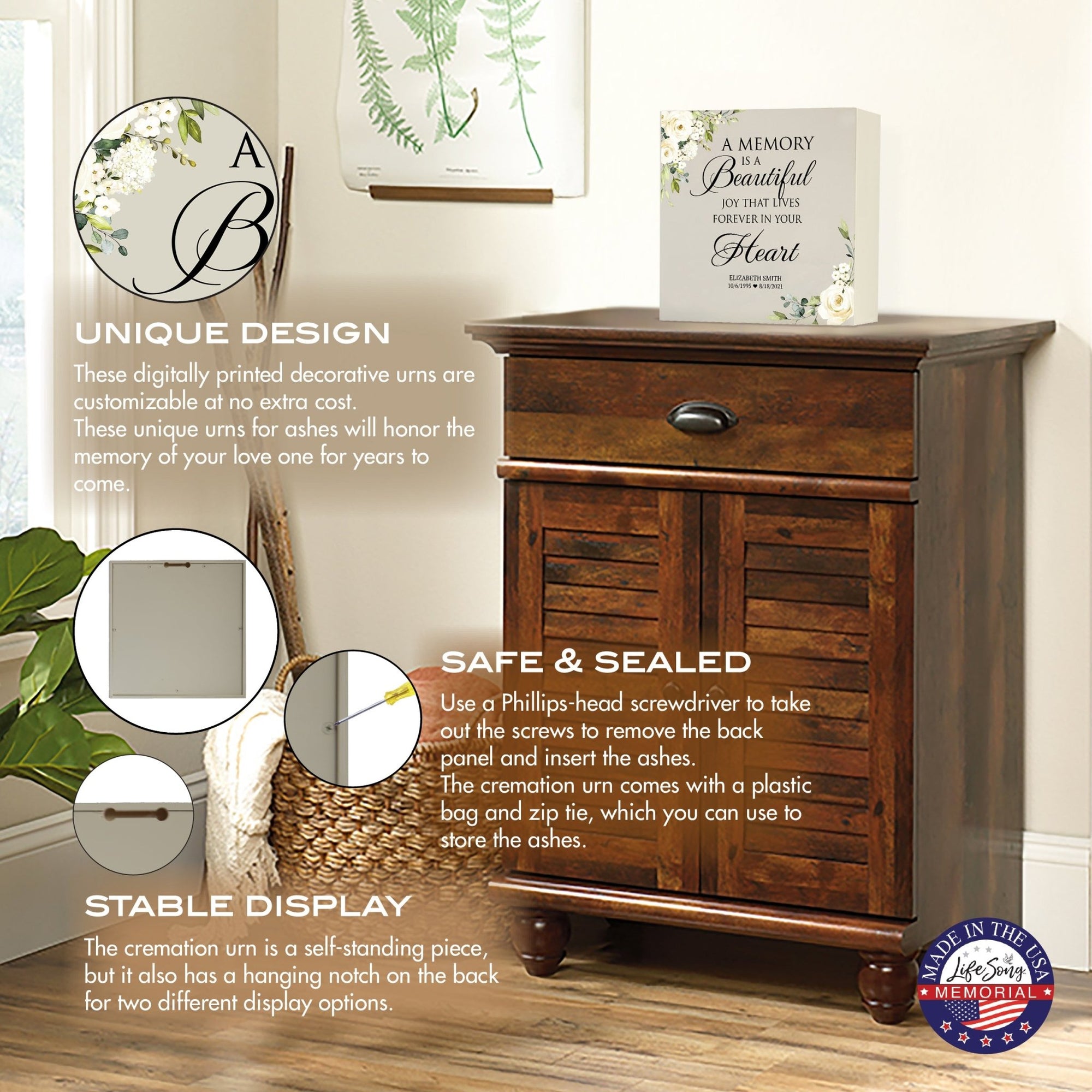 Timeless Human Memorial Shadow Box Urn With Inspirational Verse in Ivory - A Memory Is A Beautiful Joy - LifeSong Milestones