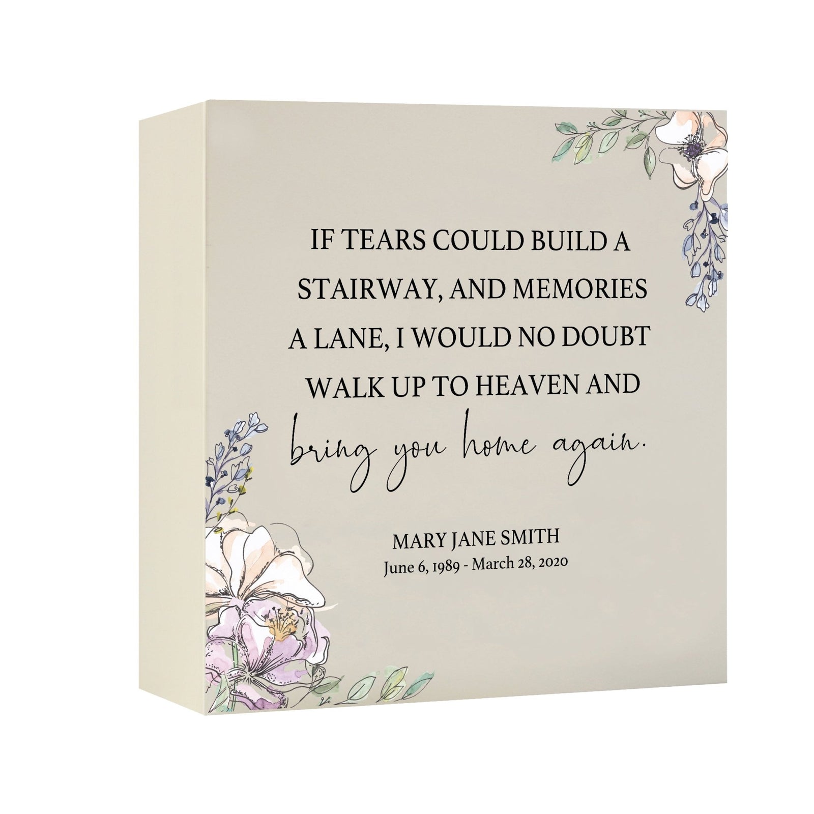 Timeless Human Memorial Shadow Box Urn With Inspirational Verse in Ivory - If Tears Could Build Stairway - LifeSong Milestones