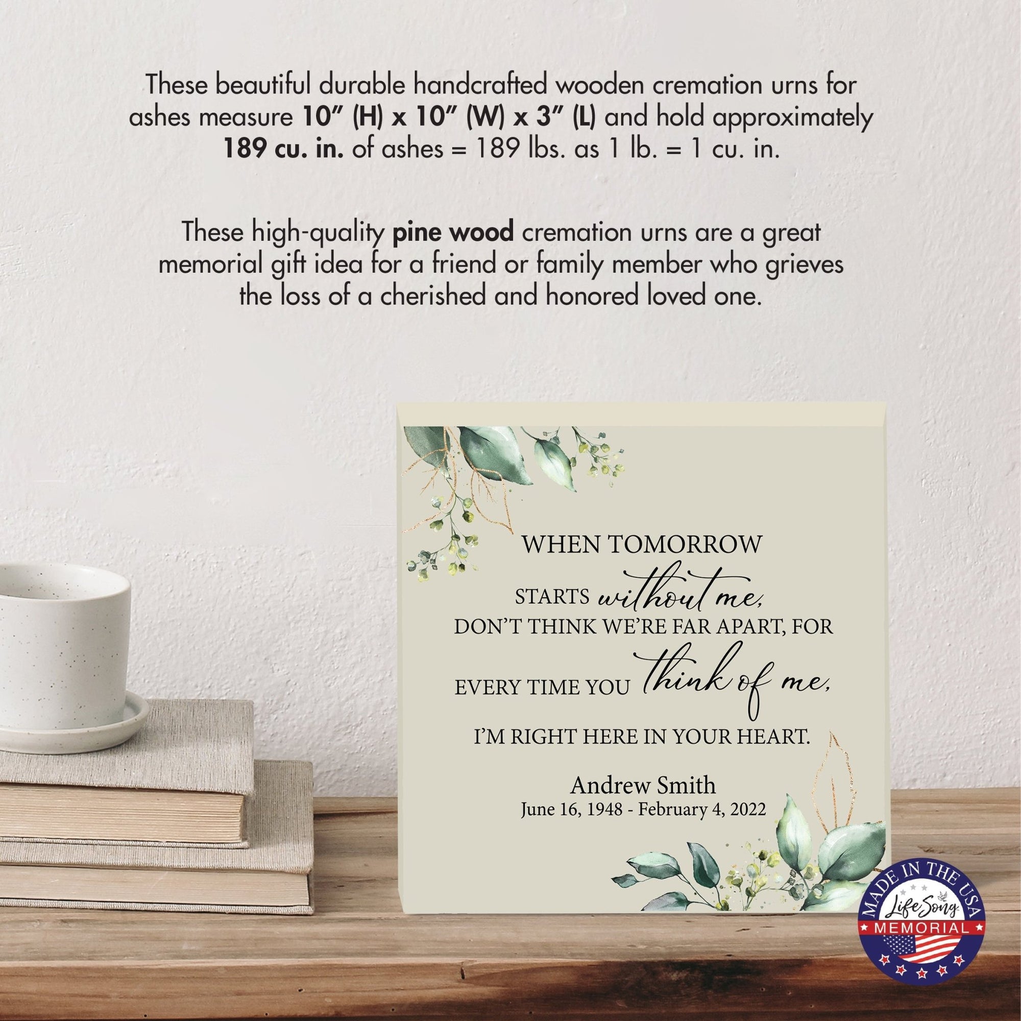 Timeless Human Memorial Shadow Box Urn With Inspirational Verse in Ivory - When Tomorrow Starts - LifeSong Milestones