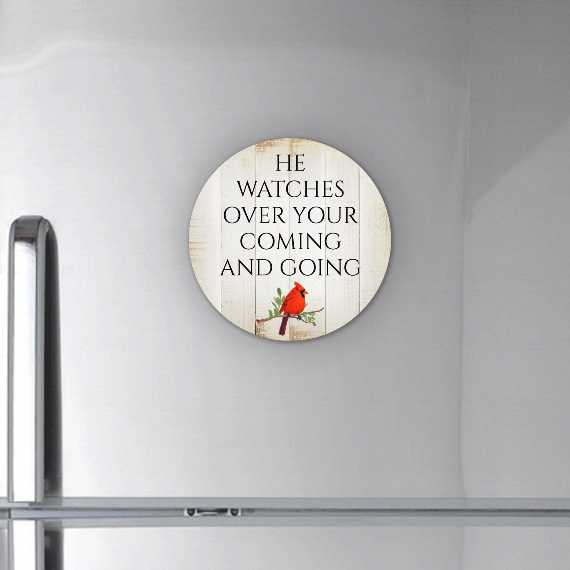 Vintage - Inspired Cardinal Wooden Magnet Printed With Everyday Inspirational Verses Gift Ideas - He Watches Over - LifeSong Milestones