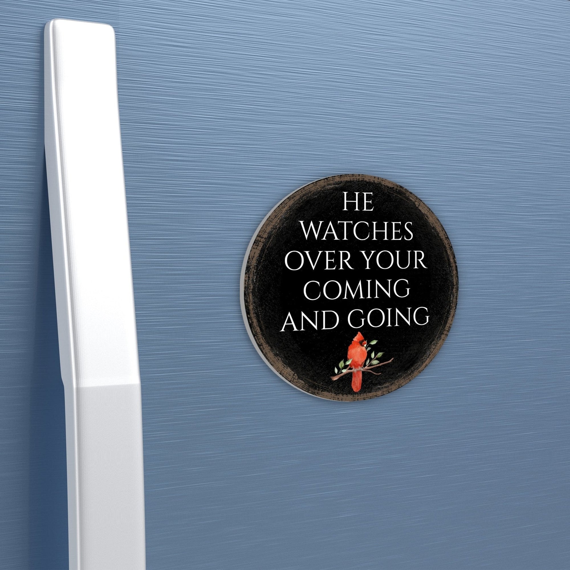 Vintage - Inspired Cardinal Wooden Magnet Printed With Everyday Inspirational Verses Gift Ideas - He Watches Over - LifeSong Milestones