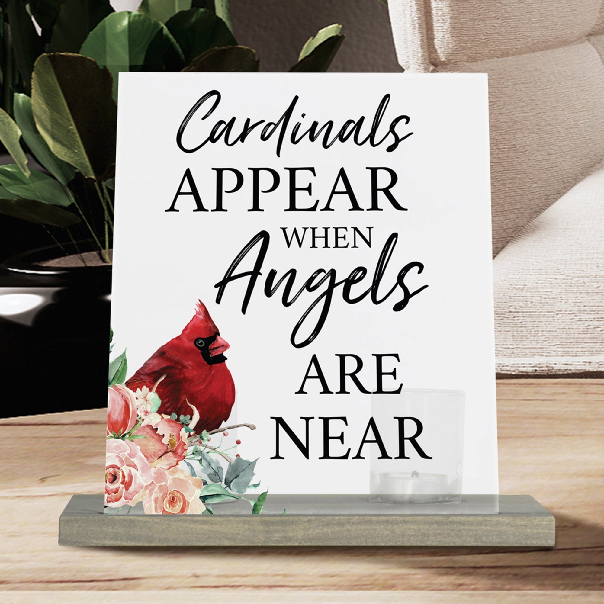 Vintage Memorial Cardinal Acrylic Sign Candle Holder With Wood Base And Glass Votives For Home Décor | Cardinal Appears - LifeSong Milestones