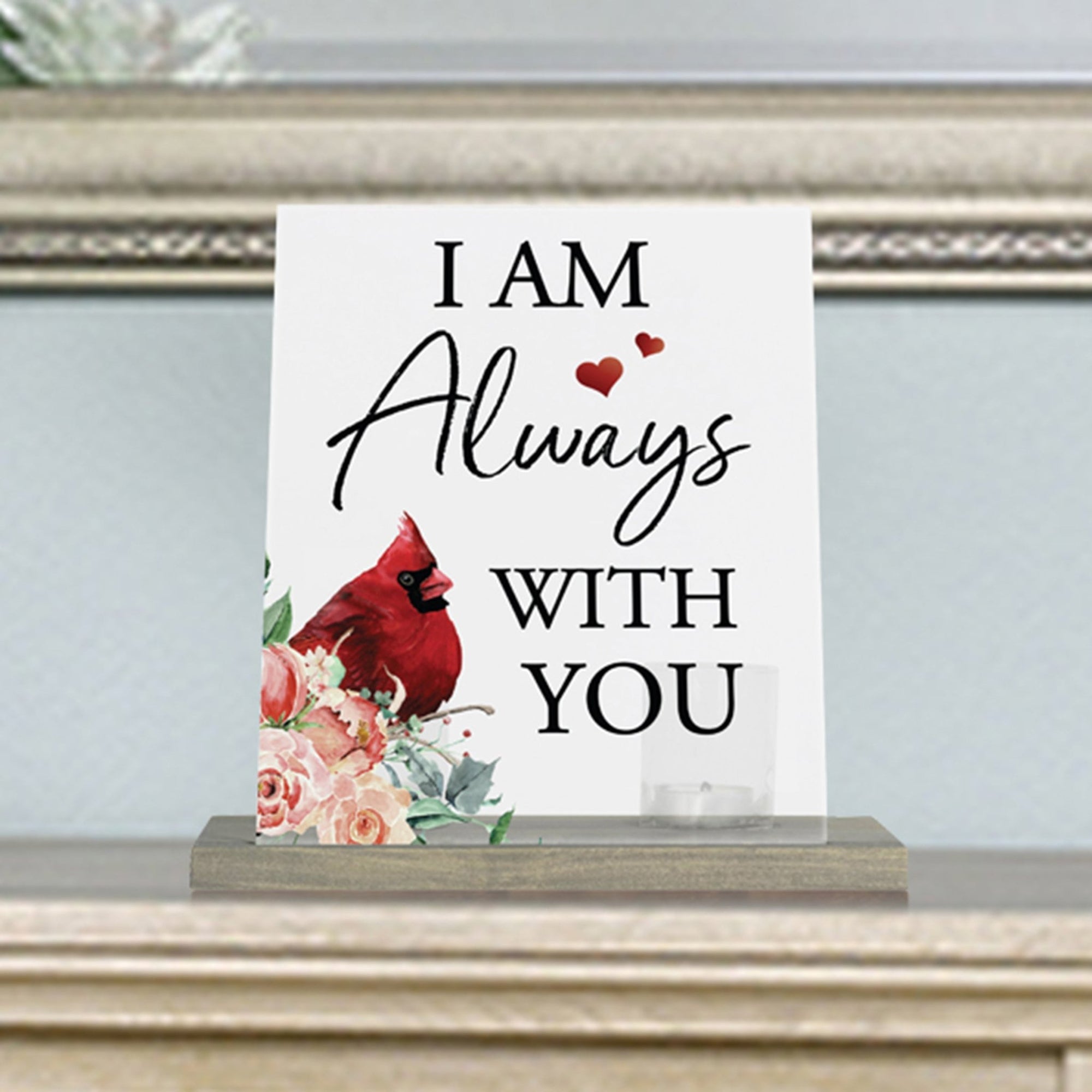 Vintage Memorial Cardinal Acrylic Sign Candle Holder With Wood Base And Glass Votives For Home Décor | I am Always With You - LifeSong Milestones