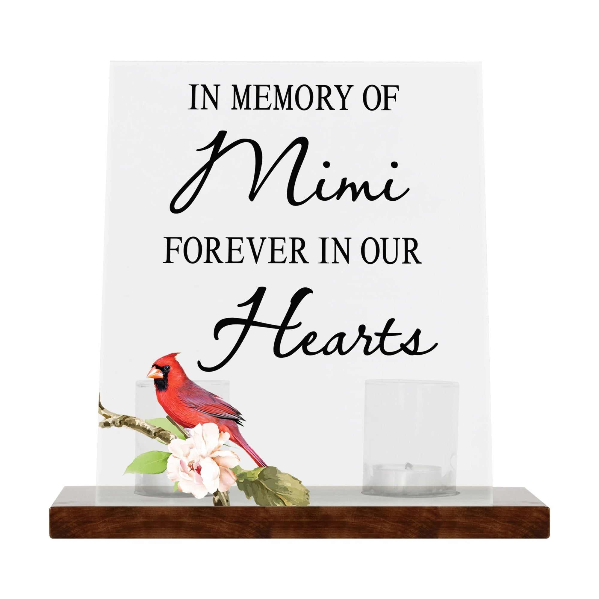 Vintage Memorial Cardinal Acrylic Sign Candle Holder With Wood Base And Glass Votives For Home Décor | In Memory Of Mimi - LifeSong Milestones