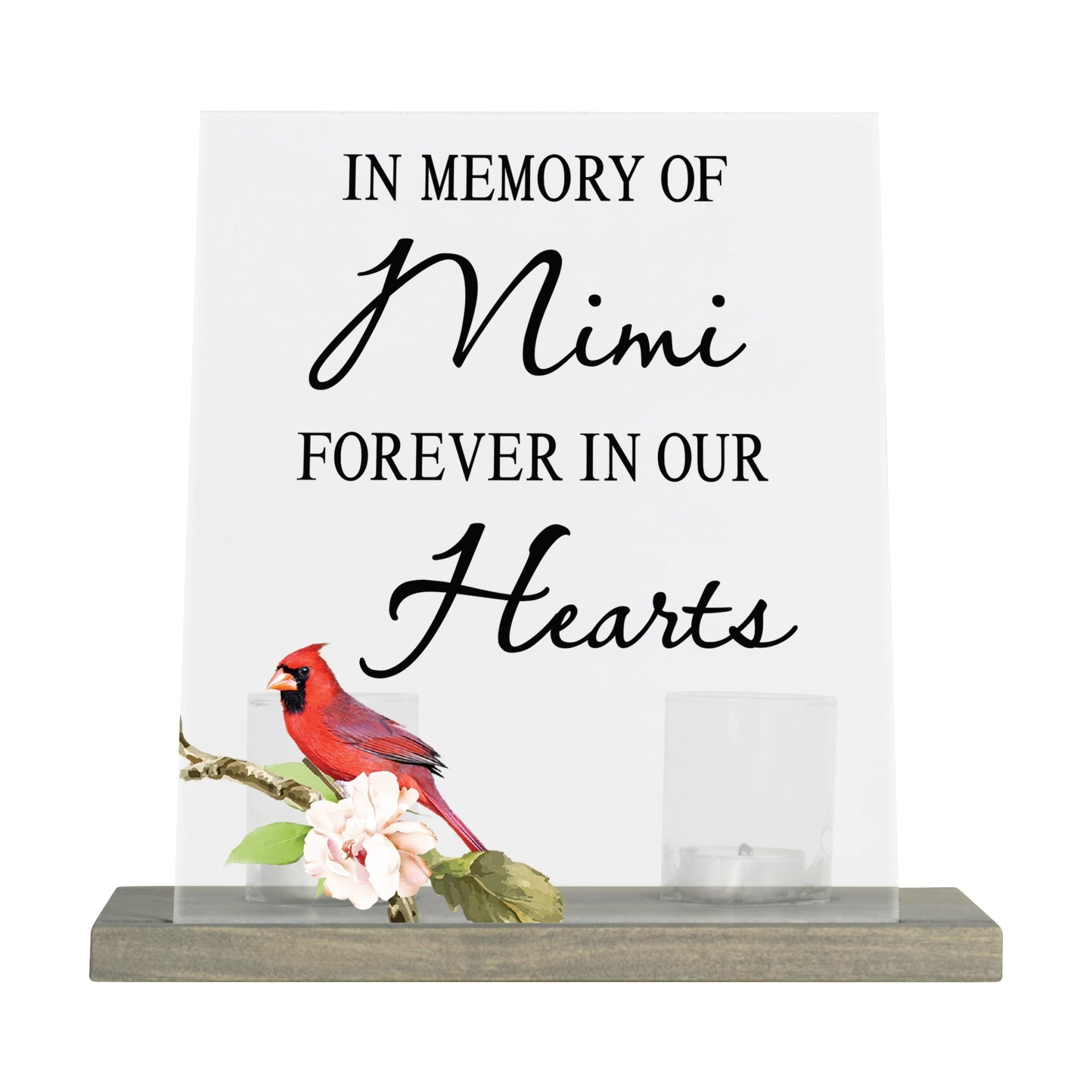 Vintage Memorial Cardinal Acrylic Sign Candle Holder With Wood Base And Glass Votives For Home Décor | In Memory Of Mimi - LifeSong Milestones