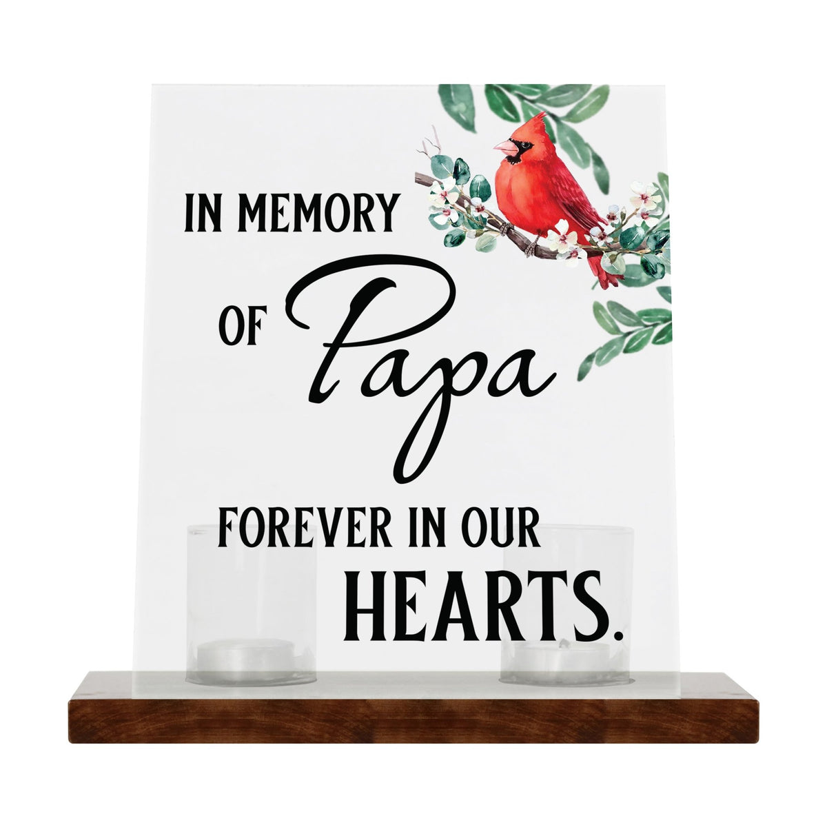 Vintage Memorial Cardinal Acrylic Sign Candle Holder With Wood Base And Glass Votives For Home Décor | In Memory Of Papa - LifeSong Milestones