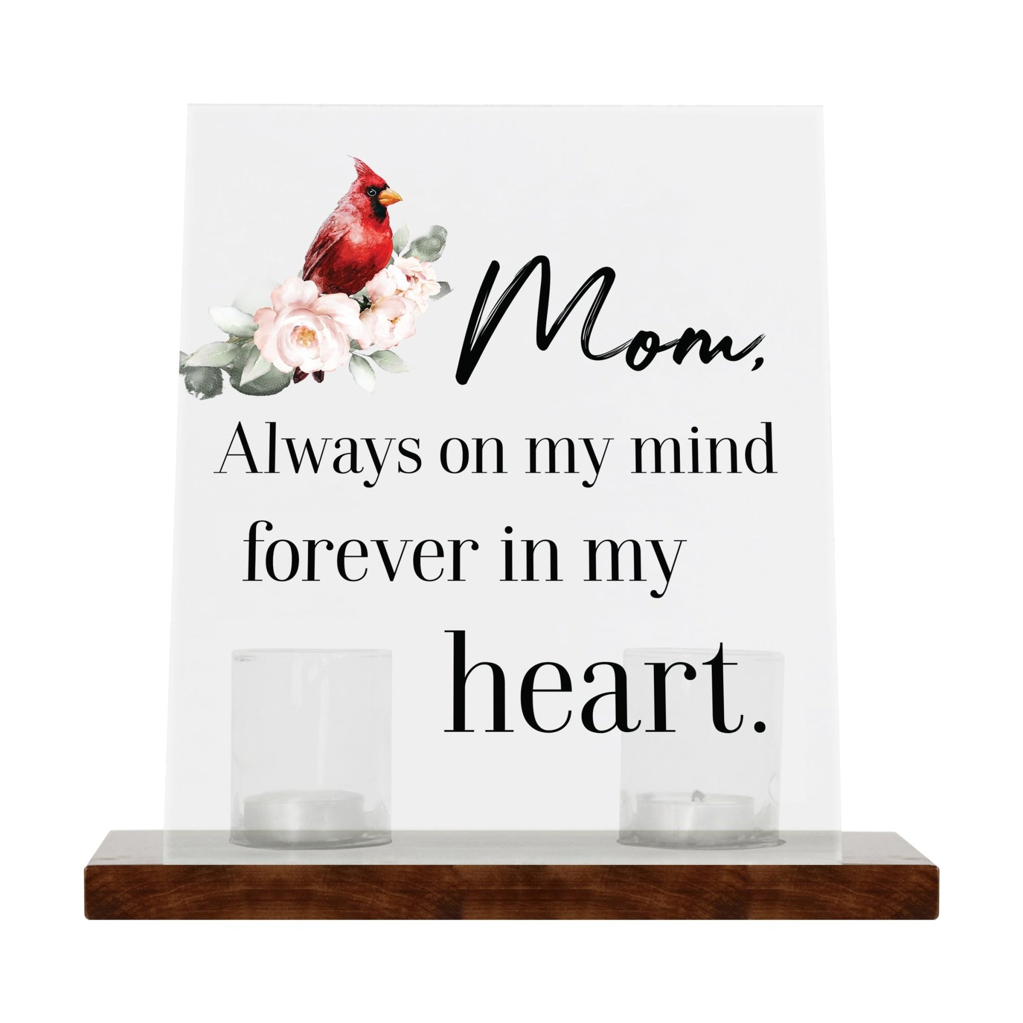 Vintage Memorial Cardinal Acrylic Sign Candle Holder With Wood Base And Glass Votives For Home Décor | Mom Always On My Mind - LifeSong Milestones