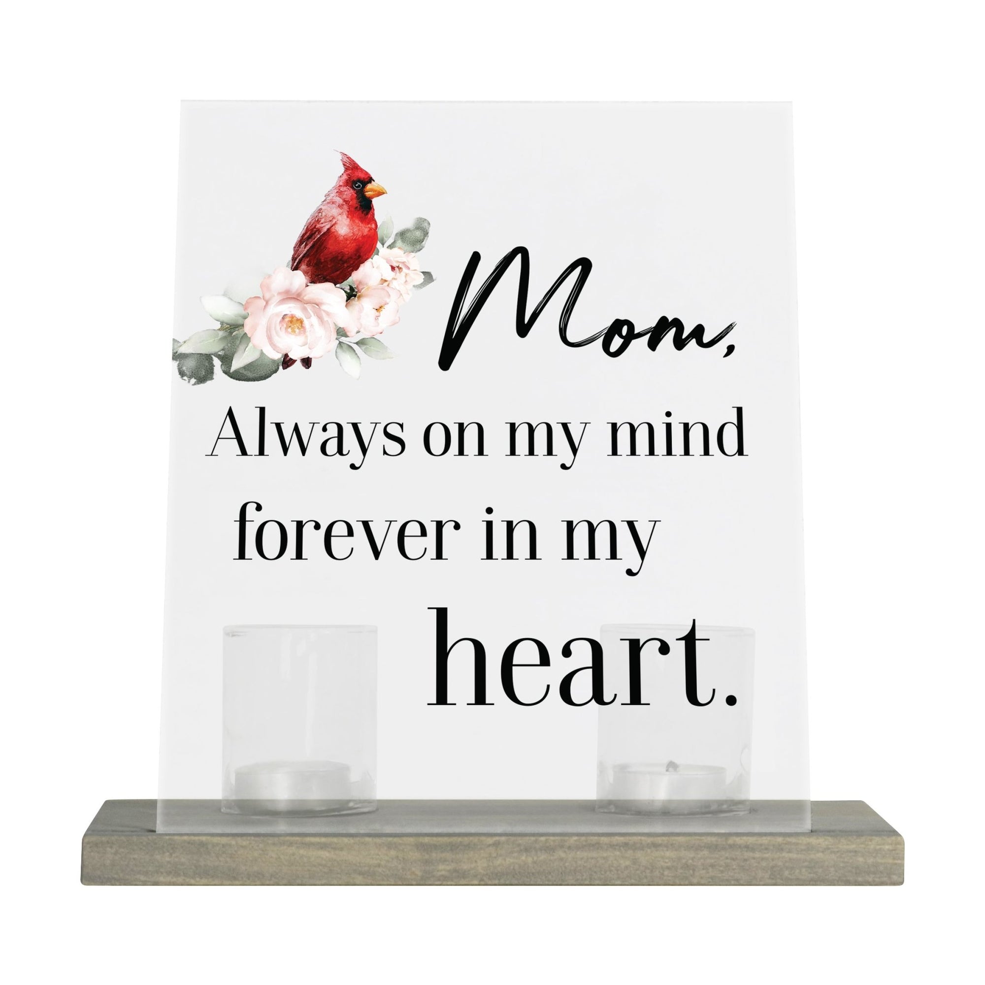 Vintage Memorial Cardinal Acrylic Sign Candle Holder With Wood Base And Glass Votives For Home Décor | Mom Always On My Mind - LifeSong Milestones