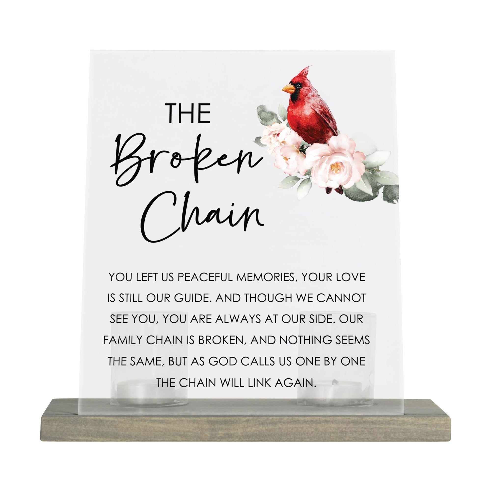 Vintage Memorial Cardinal Acrylic Sign Candle Holder With Wood Base And Glass Votives For Home Décor | The Broken Chain - LifeSong Milestones