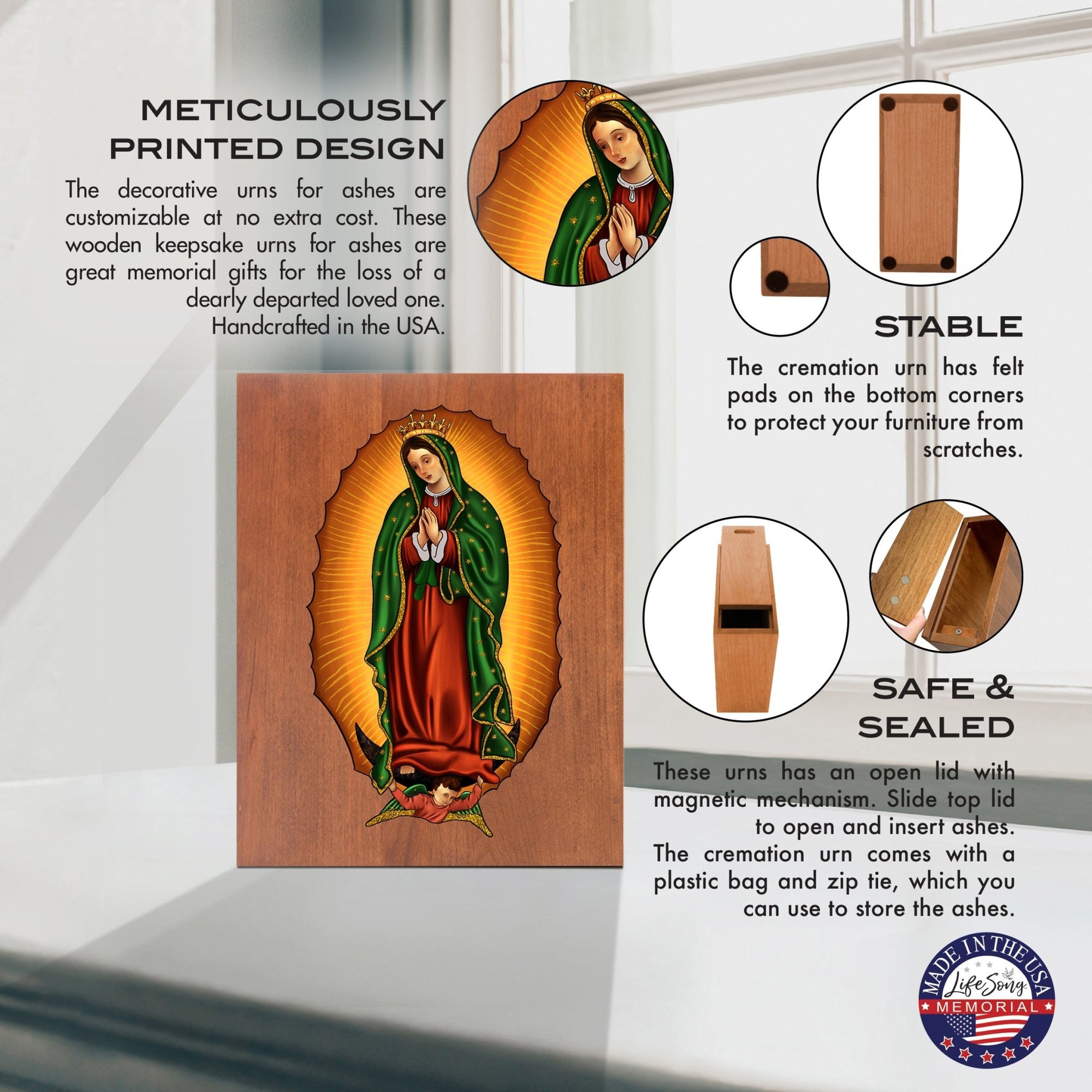 Virgin Lady of Guadalupe Memorial Cremation Scattering Urn For Adult Human Ashes In Spanish - Lady of Guadalupe - LifeSong Milestones