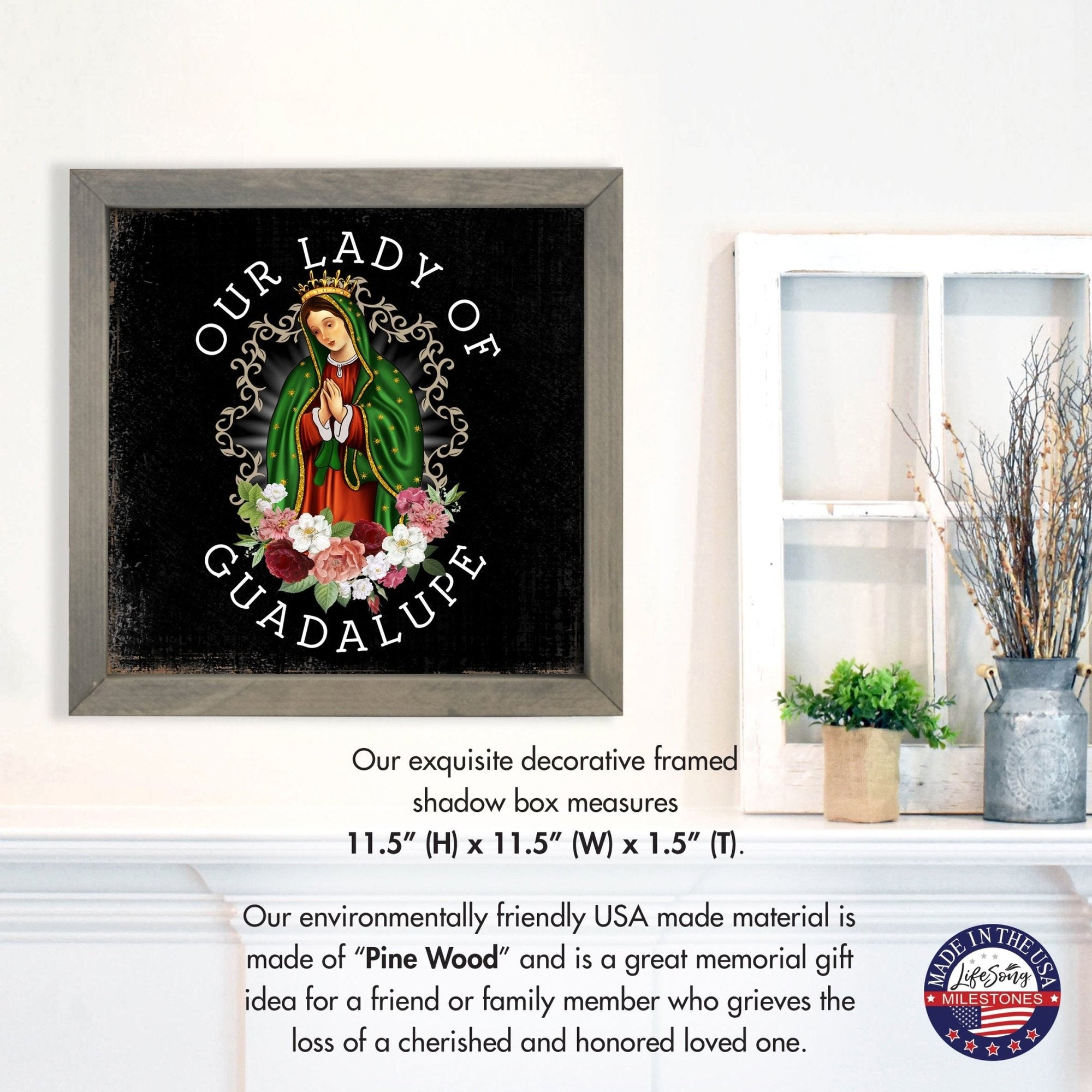 Virgin Lady of Guadalupe Memorial Grey Framed Shadow Box Sympathy Keepsake For Adults In Spanish - LifeSong Milestones