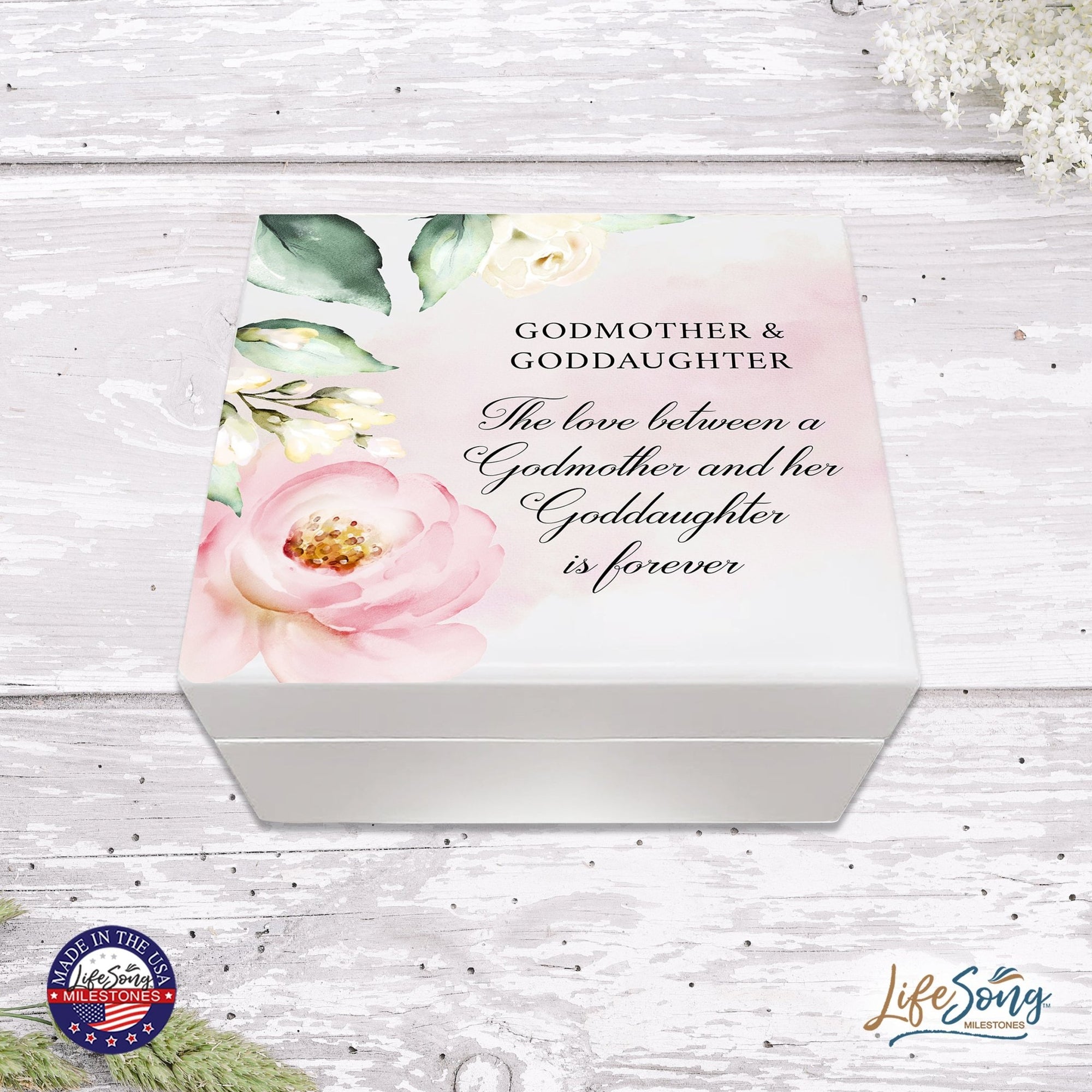 White Jewelry Keepsake Box for GodMother 6x5.5in - The Love Between - LifeSong Milestones