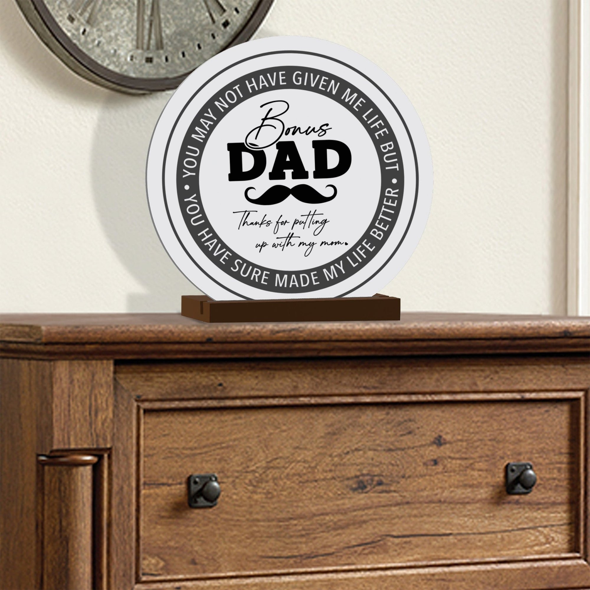 White Round Sign With Wooden Base For Stepdad Gift Ideas - Bonus Dad - LifeSong Milestones