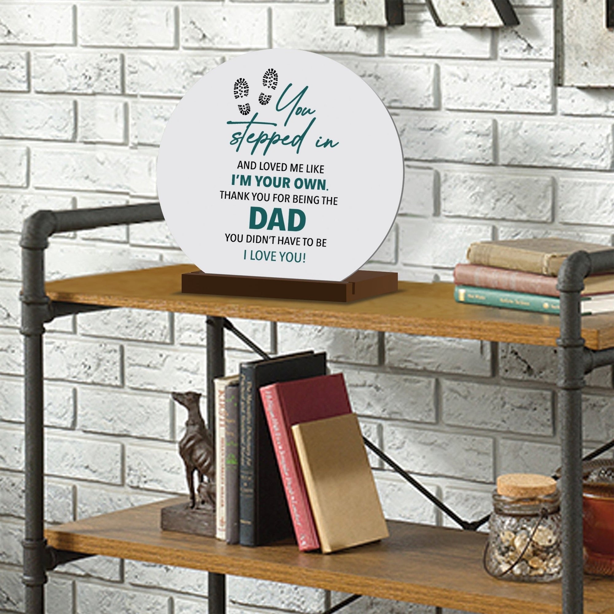 White Round Sign With Wooden Base For Stepdad Gift Ideas - Stepped In Dad - LifeSong Milestones