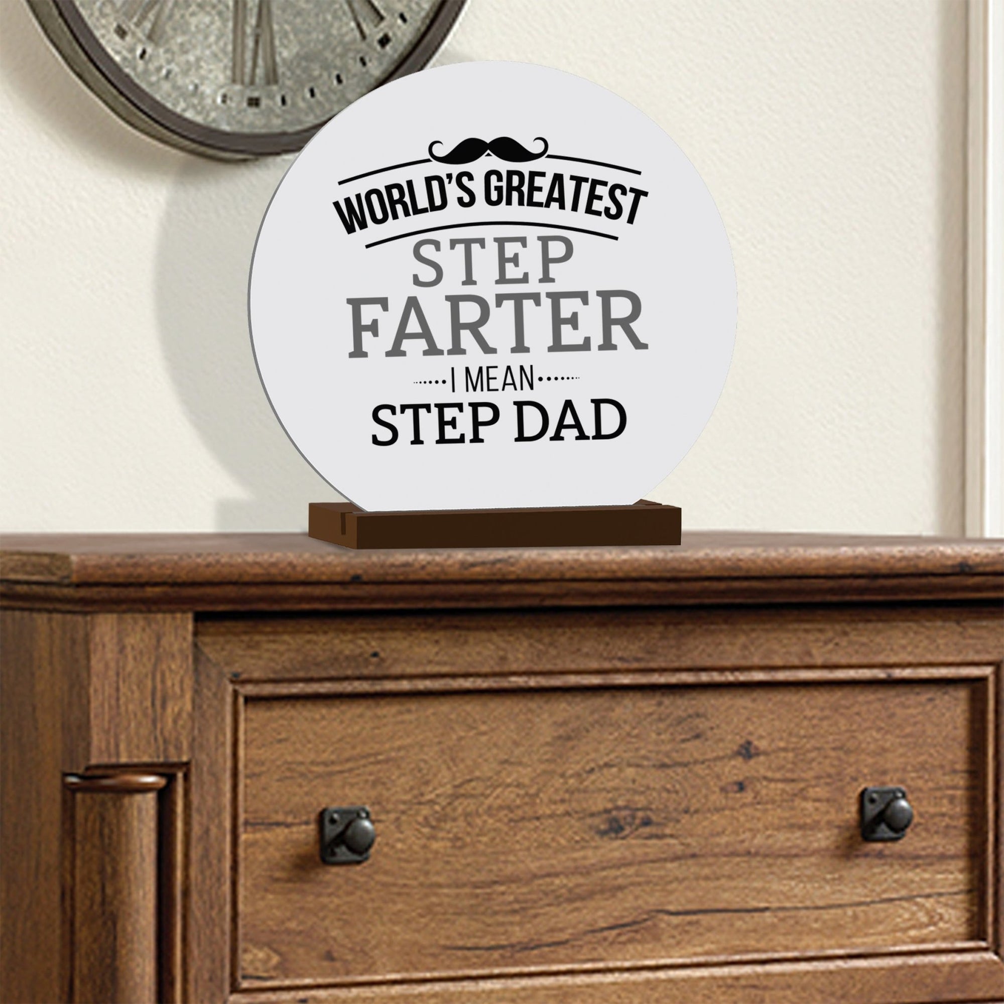 White Round Sign With Wooden Base For Stepdad Gift Ideas - World's Greatest Dad - LifeSong Milestones