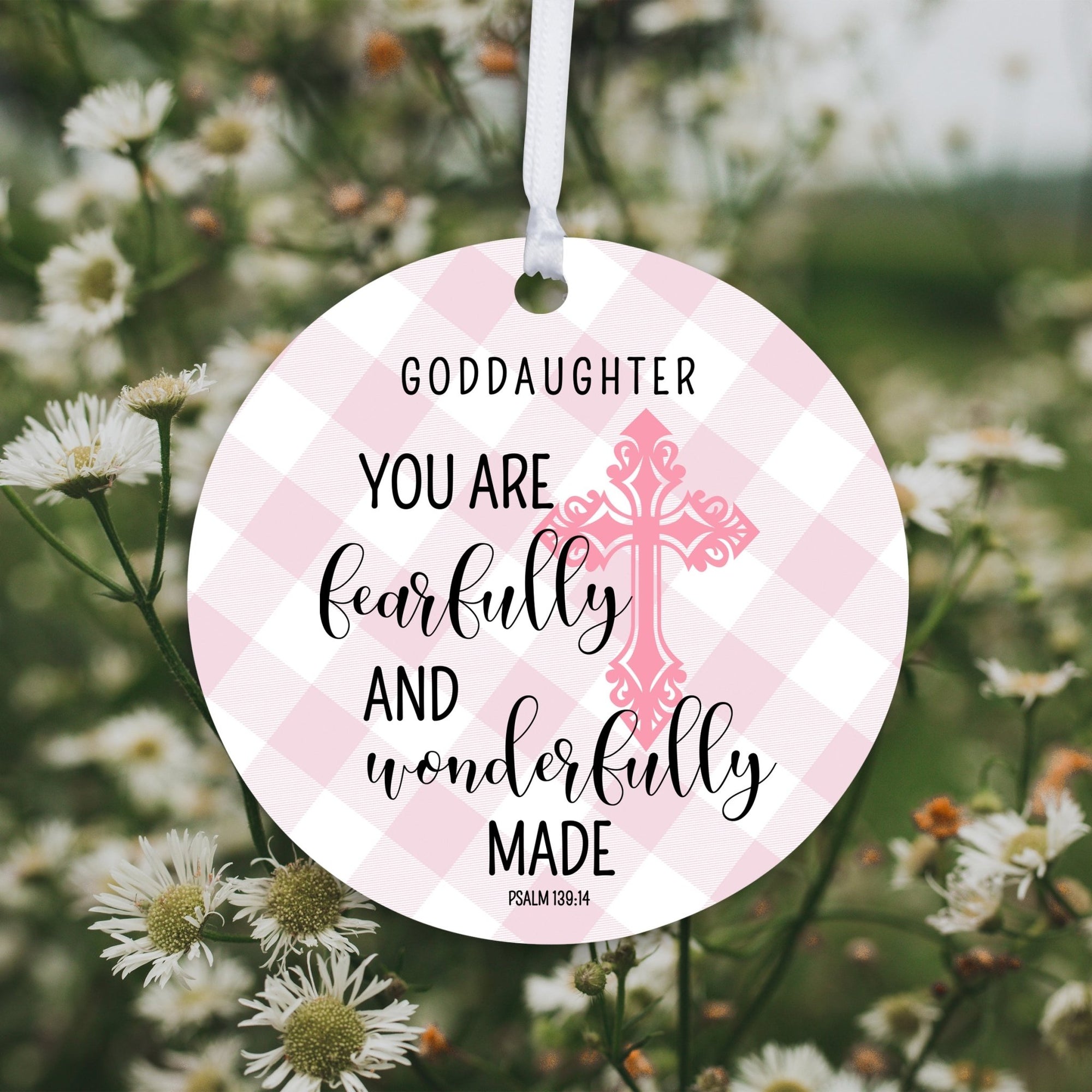 Wooden Baptism Hanging Ornament Gift for Goddaughter - You Are Fearfully And Wonderfully - LifeSong Milestones