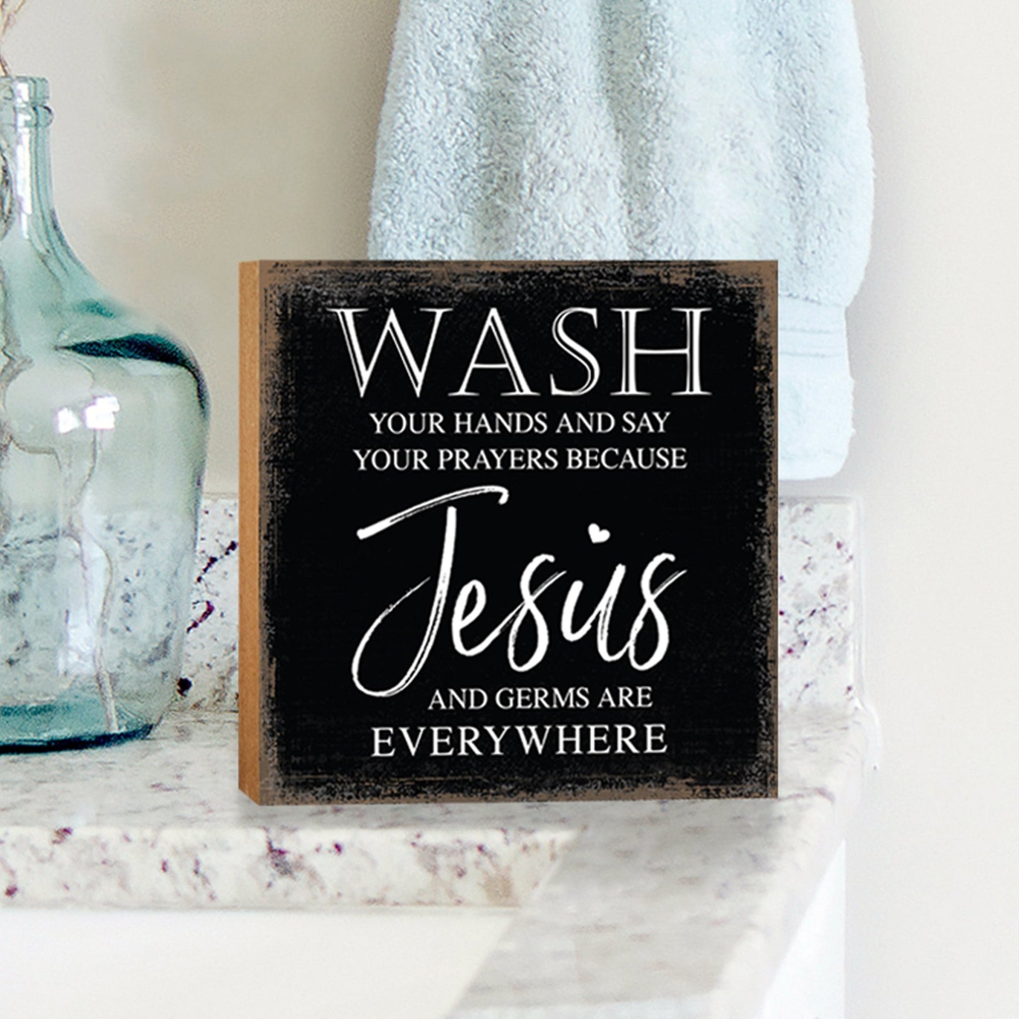 Wooden BATHROOM 6x6 Block shelf decor (Wash Your Hands Jesus) Inspirational Plaque Tabletop and Family Home Decoration - LifeSong Milestones