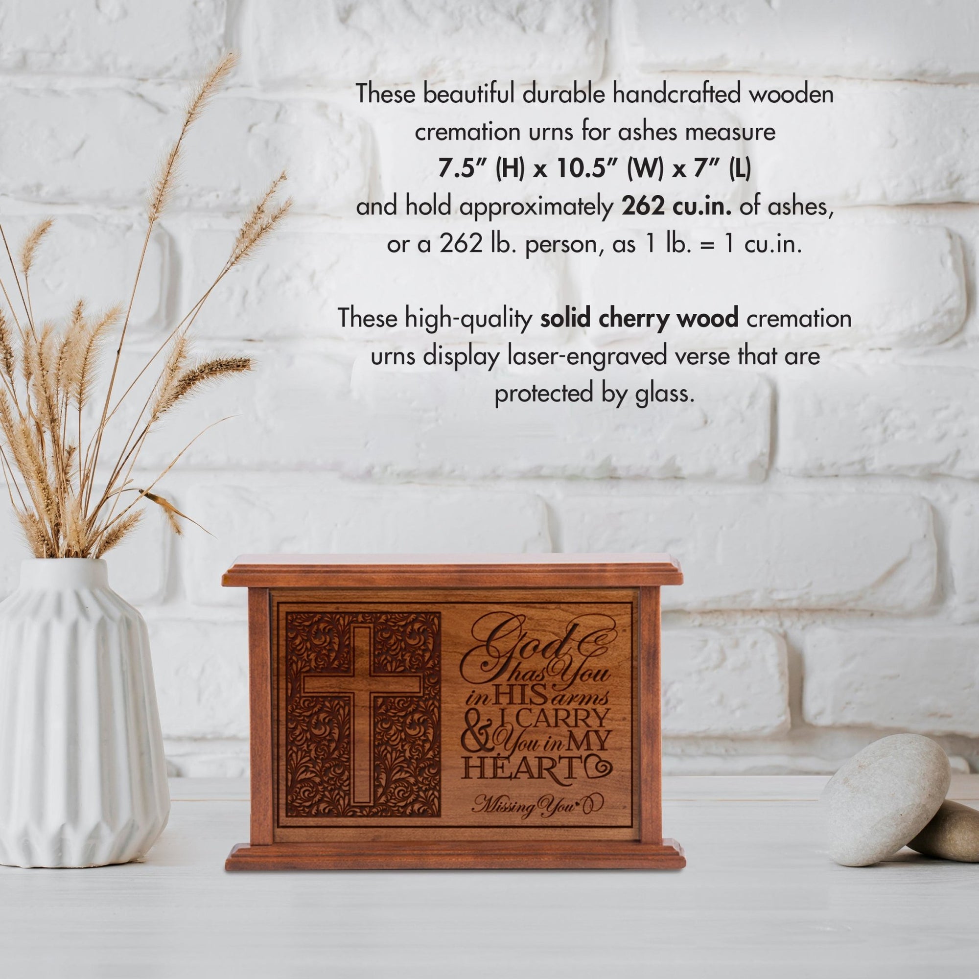 Wooden Cremation Urn With Engraved Cross and Verse - God Has You In His Arms - LifeSong Milestones