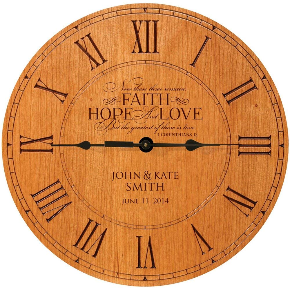 Wooden Engraved Personalized Wedding Anniversary Wall Clock Gift for Couples - Faith Hope and Love - LifeSong Milestones