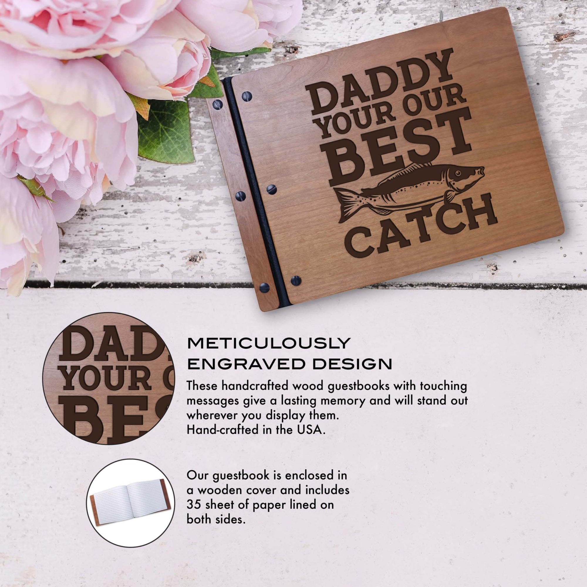 Wooden Memorial Large Guestbook with Fisherman Verse for Funeral Service - Daddy Your Our Best Catch - LifeSong Milestones