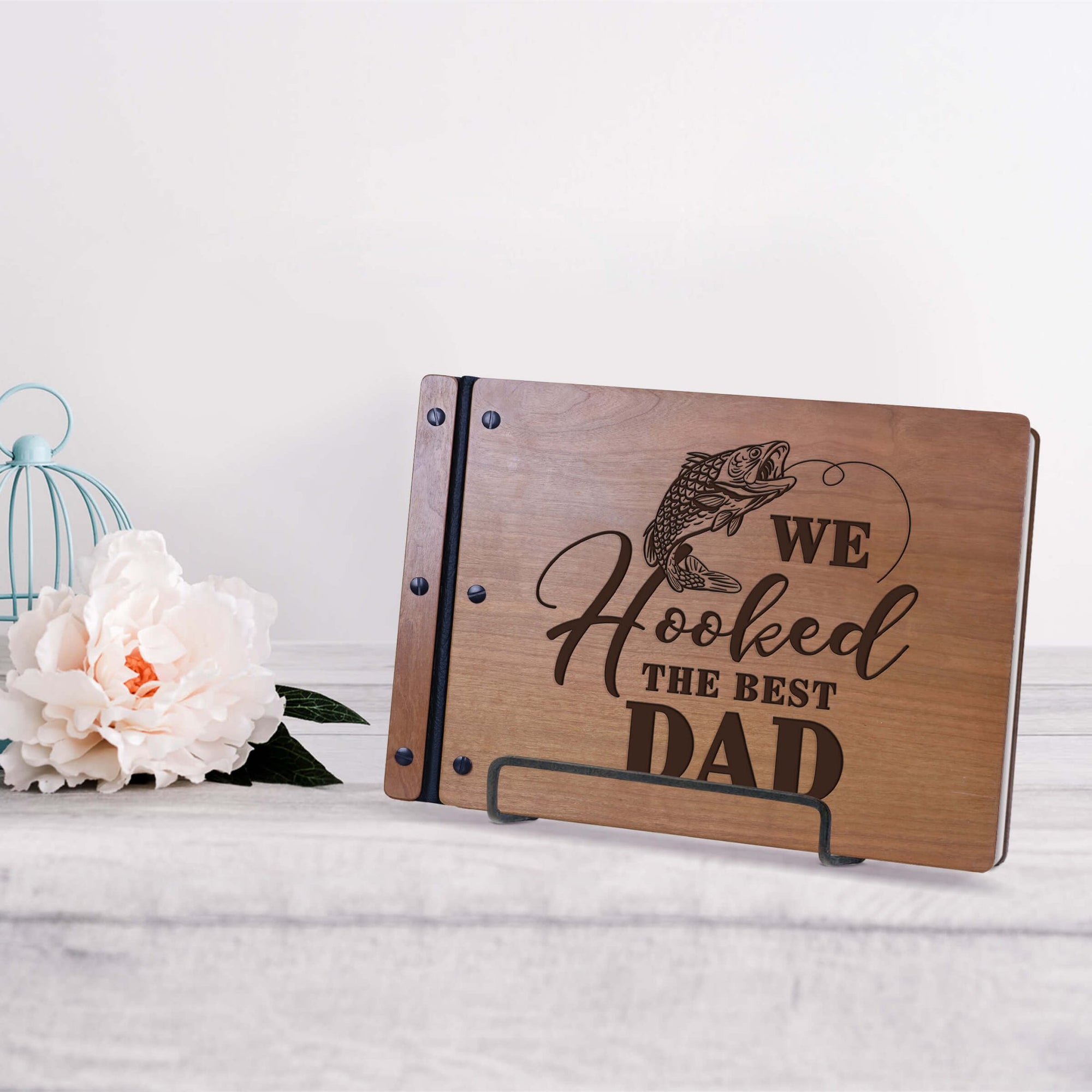 Wooden Memorial Large Guestbook with Fisherman Verse for Funeral Service - We Hooked The Best Dad - LifeSong Milestones