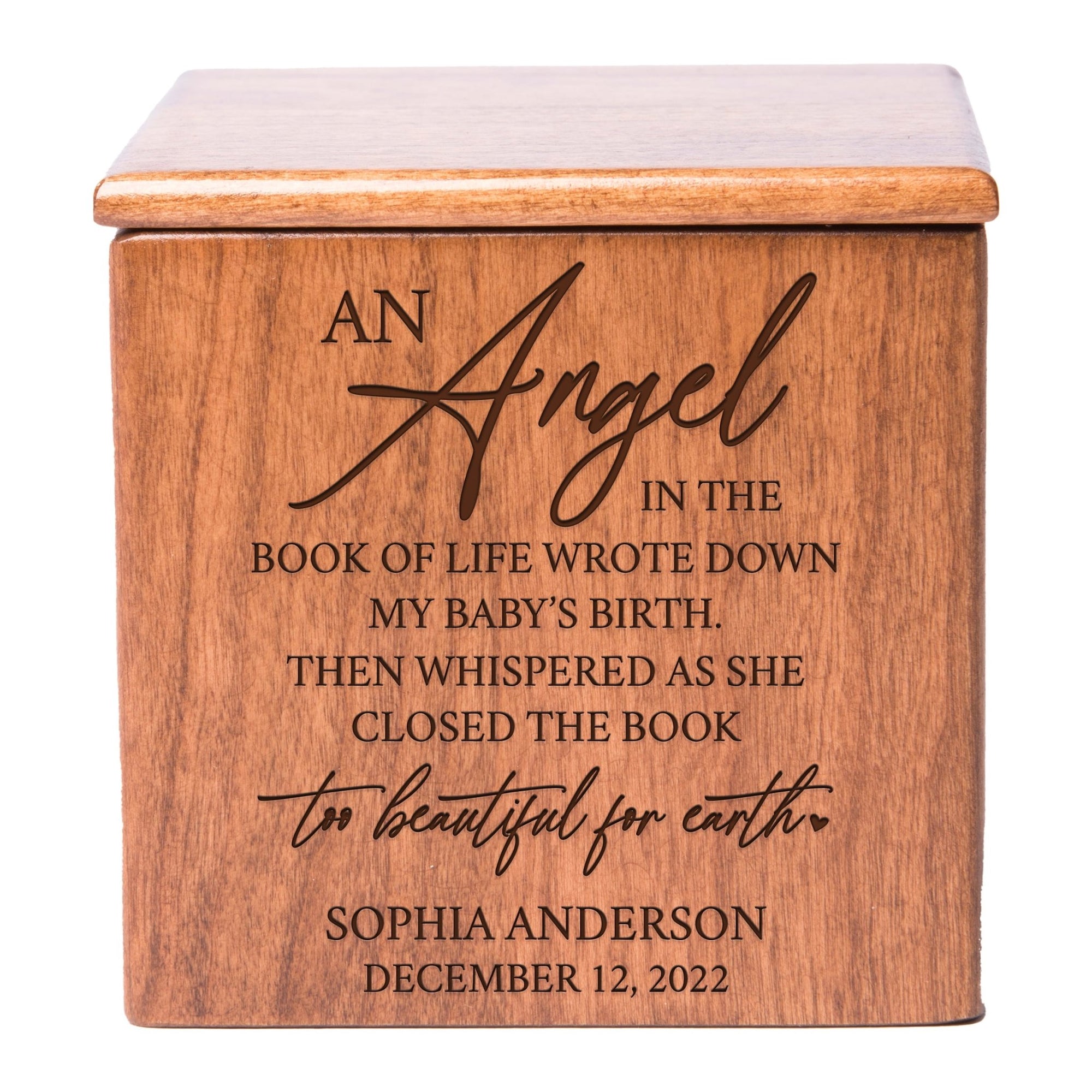 Custom Engraved Keepsake Urn Box for Human Ashes - An Angel In The Book of Life - LifeSong Milestones