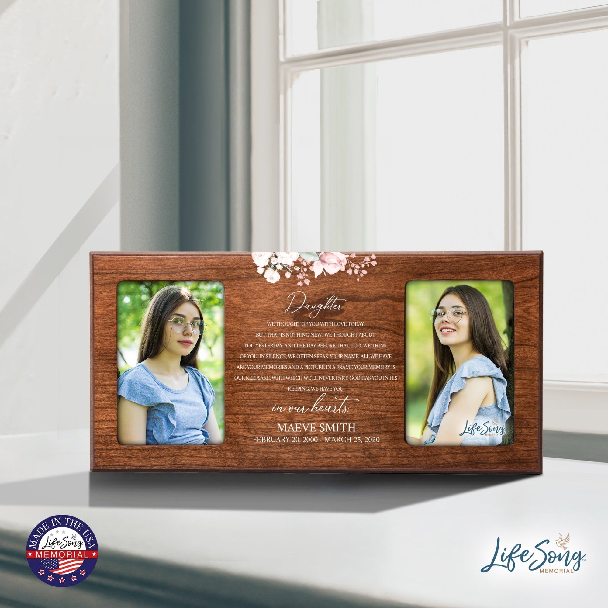 Custom Memorial Picture Frame 16x8in Holds Two 4x6in Photos - Daughter, We Thought Of You - LifeSong Milestones