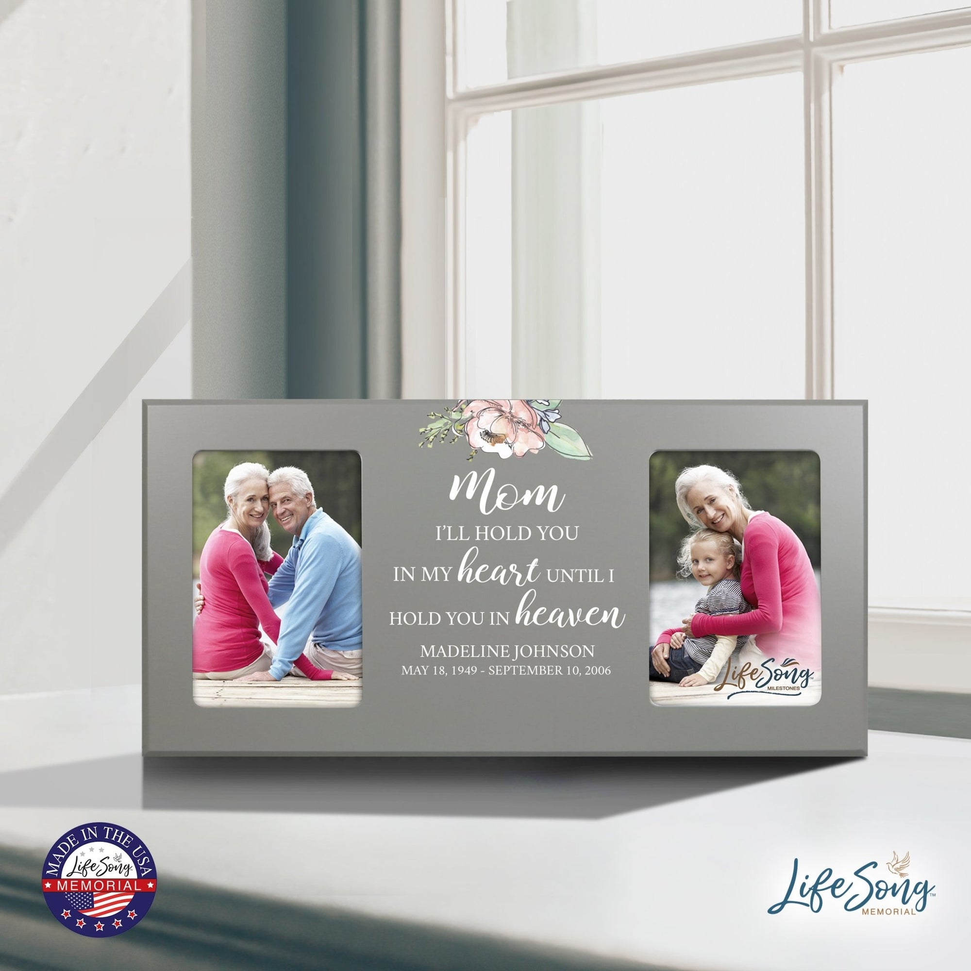 Custom Memorial Picture Frame 16x8in Holds Two 4x6in Photos - Mom, I’ll Hold You In My - LifeSong Milestones