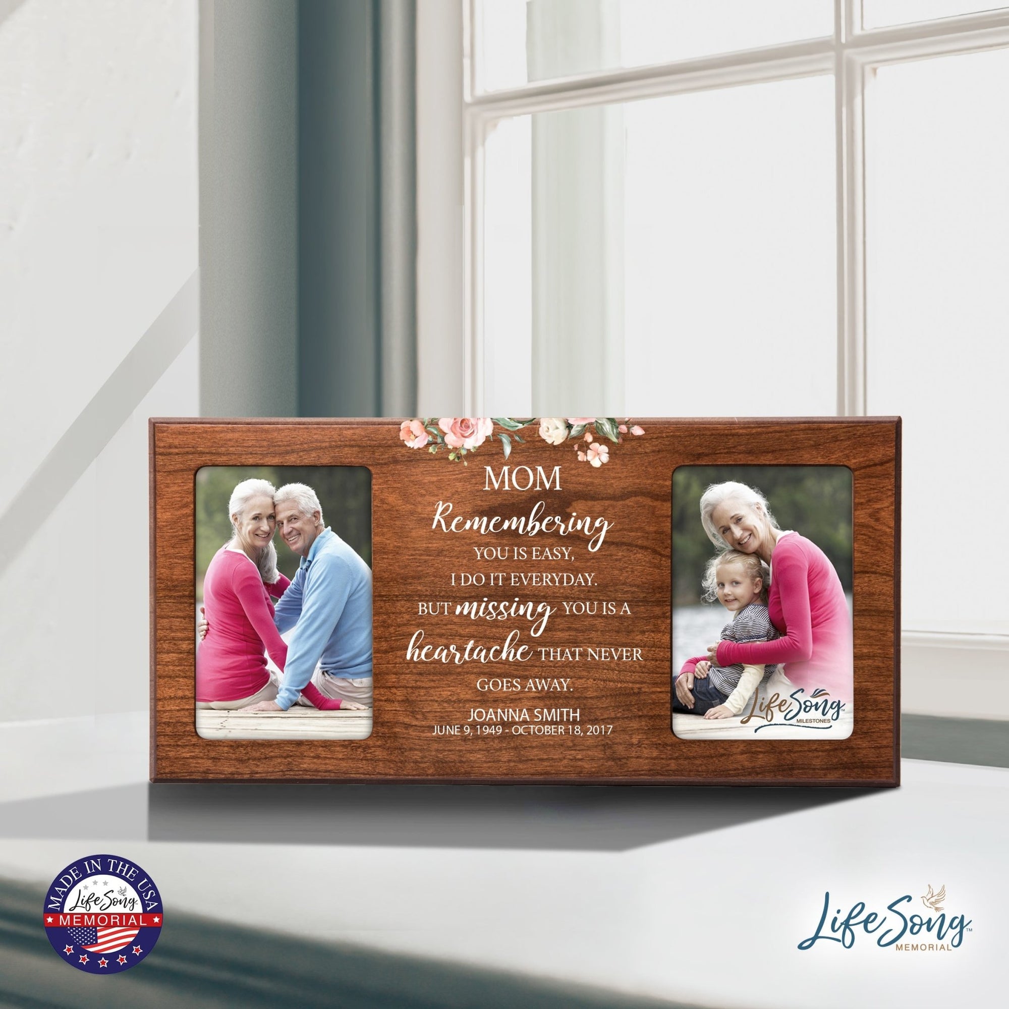 Custom Memorial Picture Frame 16x8in Holds Two 4x6in Photos - Mom, Remembering You Is Easy - LifeSong Milestones