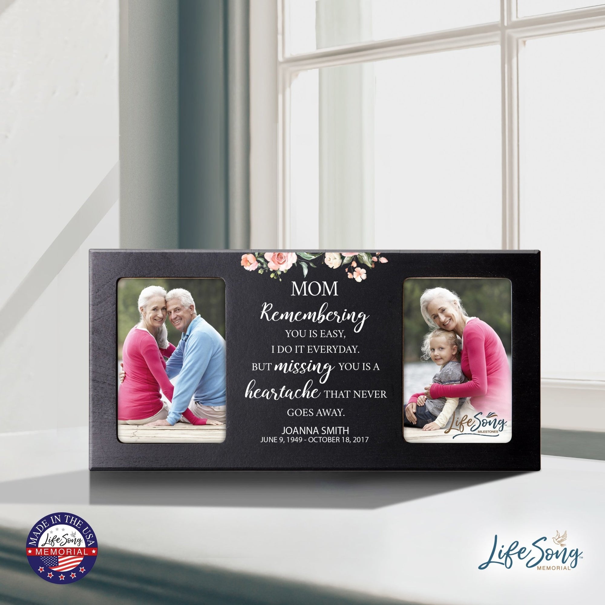 Custom Memorial Picture Frame 16x8in Holds Two 4x6in Photos - Mom, Remembering You Is Easy - LifeSong Milestones