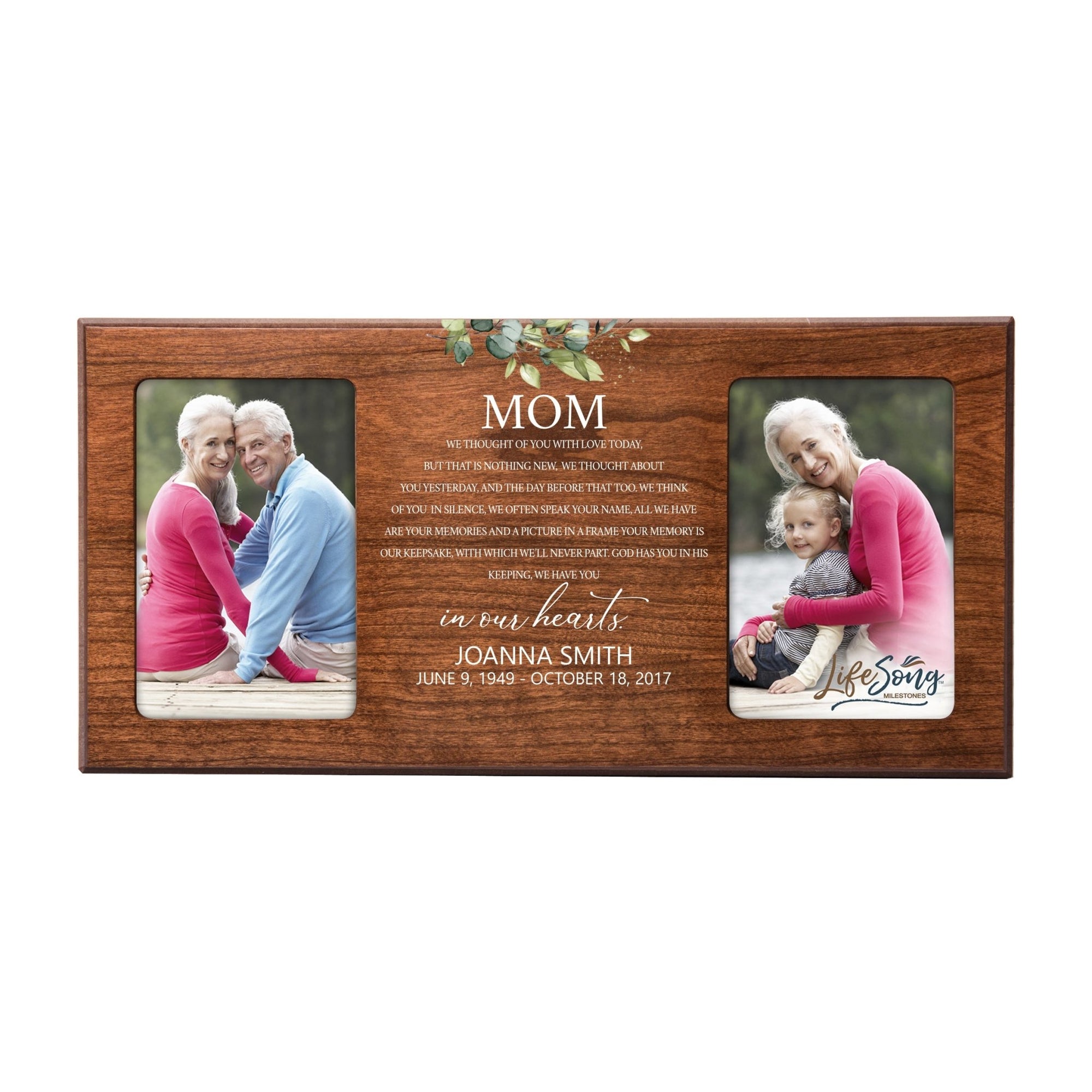 Custom Memorial Picture Frame 16x8in Holds Two 4x6in Photos - Mom, We Thought Of You (Leaves) - LifeSong Milestones