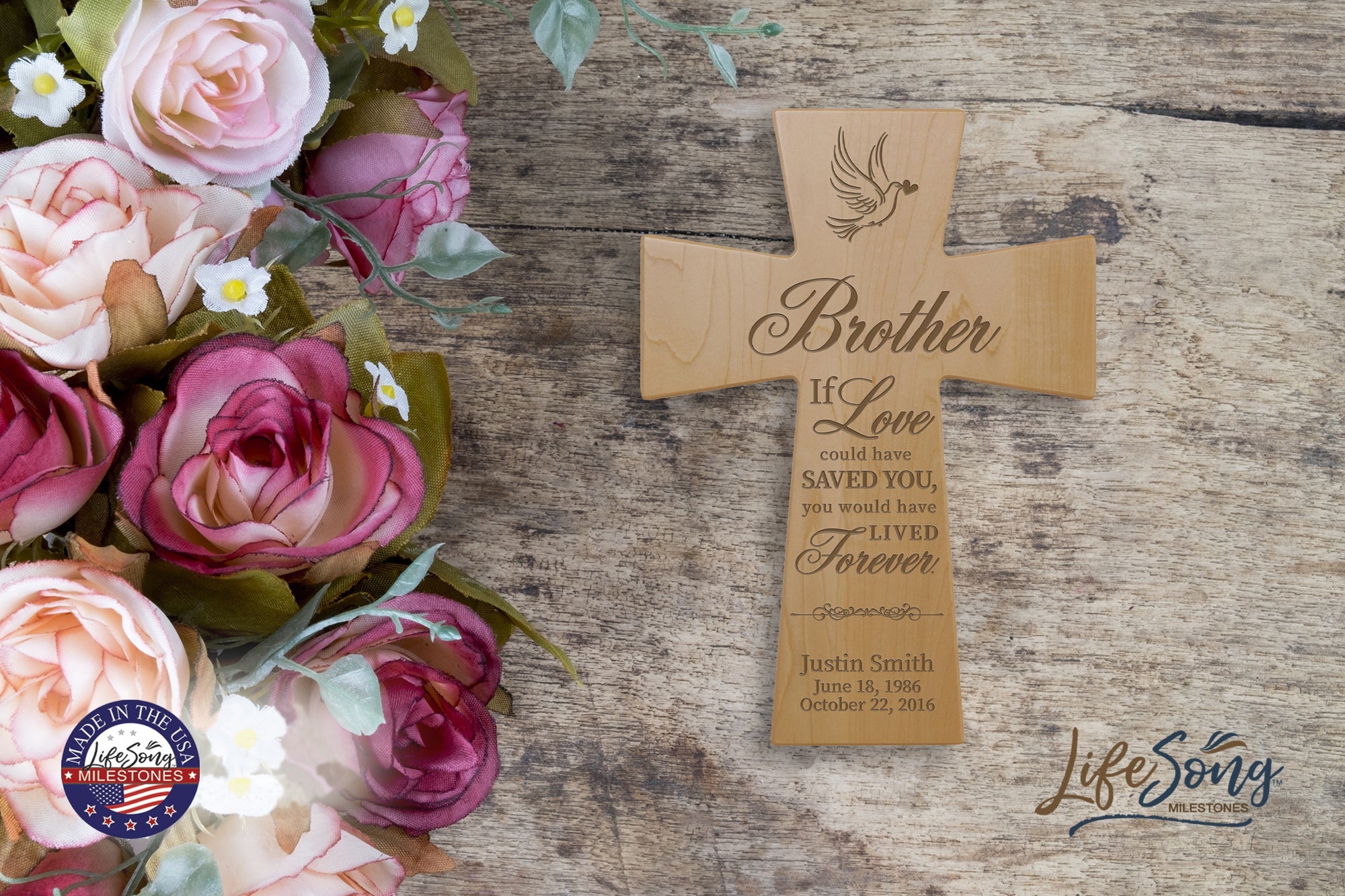 Custom Memorial Wooden Cross 12x17 Brother, If Love Could - LifeSong Milestones