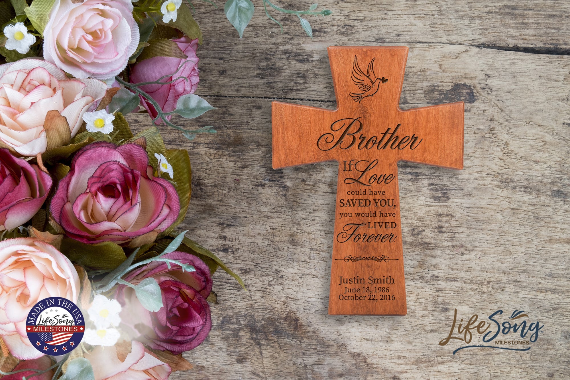 Custom Memorial Wooden Cross 12x17 Brother, If Love Could - LifeSong Milestones