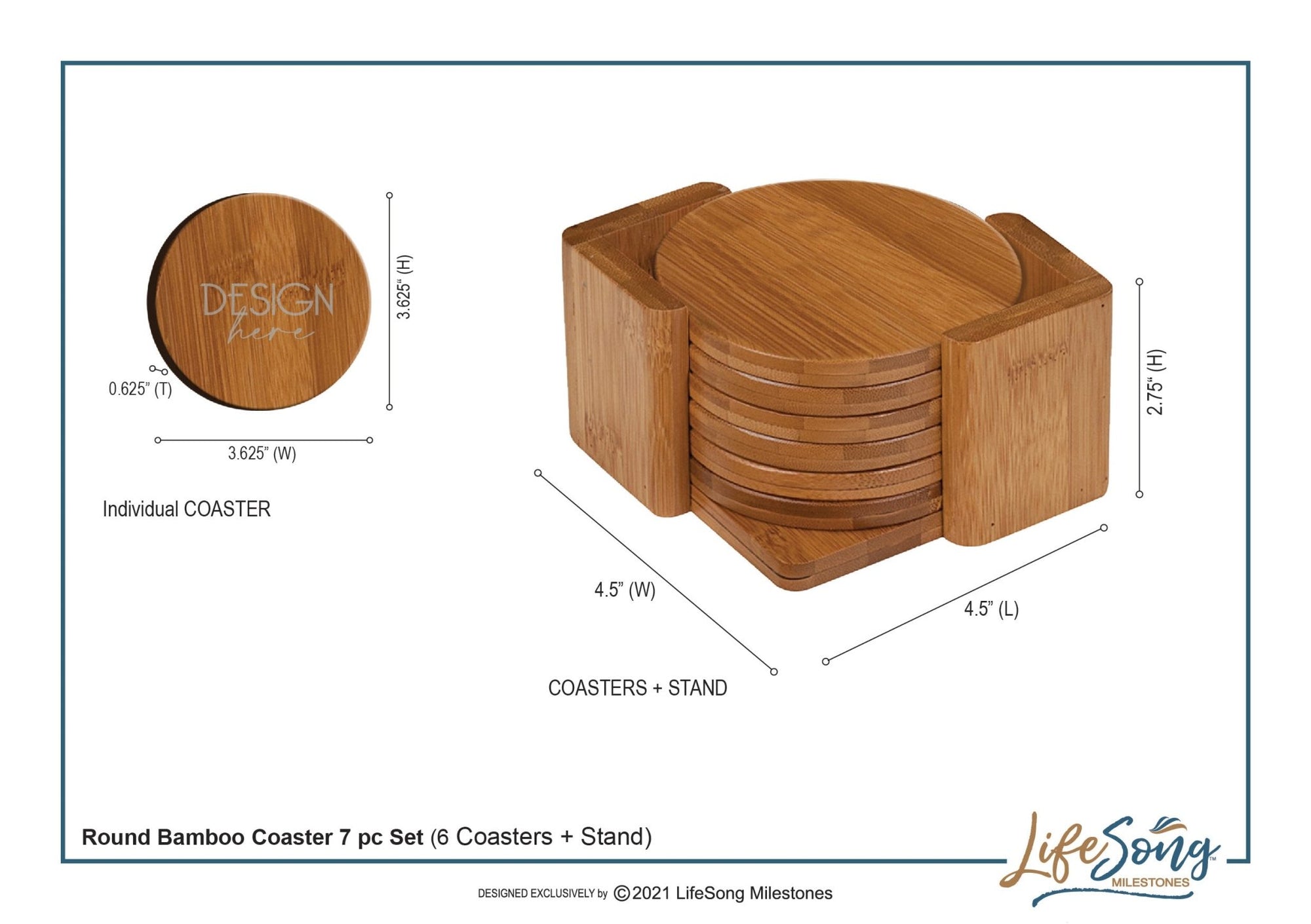 Custom Modern Inspirational 6pc Bamboo Coaster Set 4.5x4.5 Last Name, Date - LifeSong Milestones