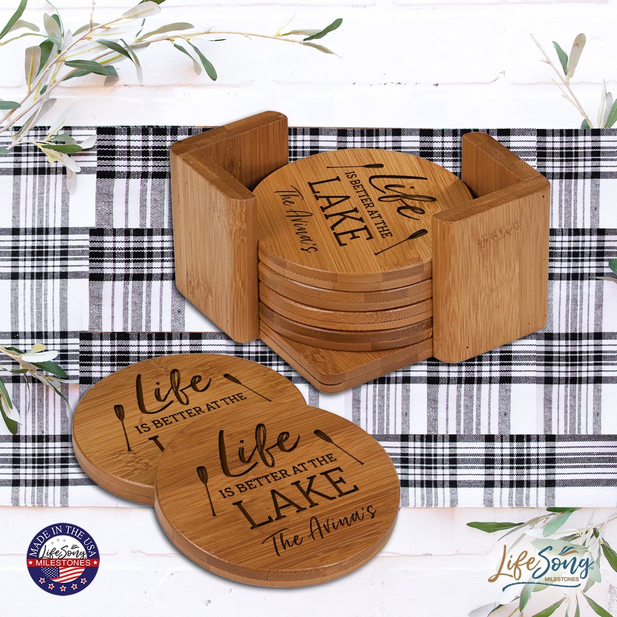 Custom Modern Inspirational 6pc Bamboo Coaster Set 4.5x4.5 Life Is Better (paddles) - LifeSong Milestones