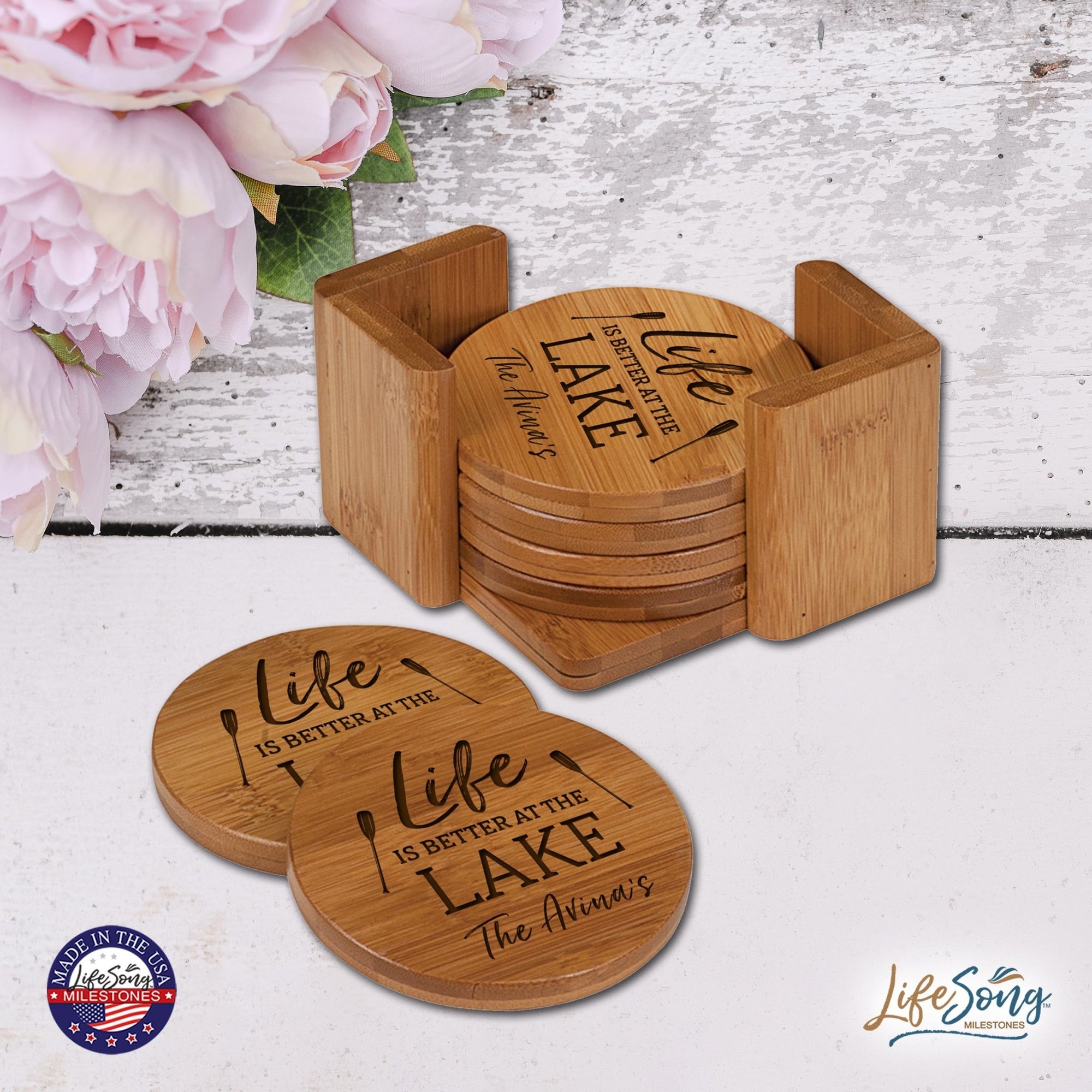 Custom Modern Inspirational 6pc Bamboo Coaster Set 4.5x4.5 Life Is Better (paddles) - LifeSong Milestones