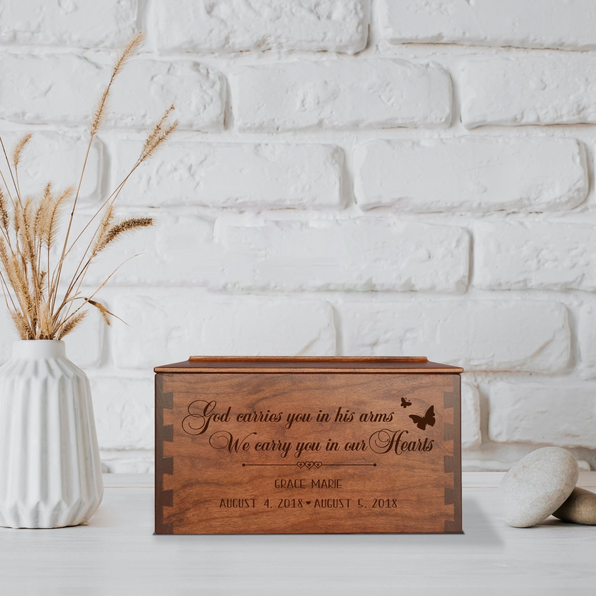 Custom Wooden Cremation Urn Box Large for Human Ashes holds 291 cu in God Carries You - LifeSong Milestones