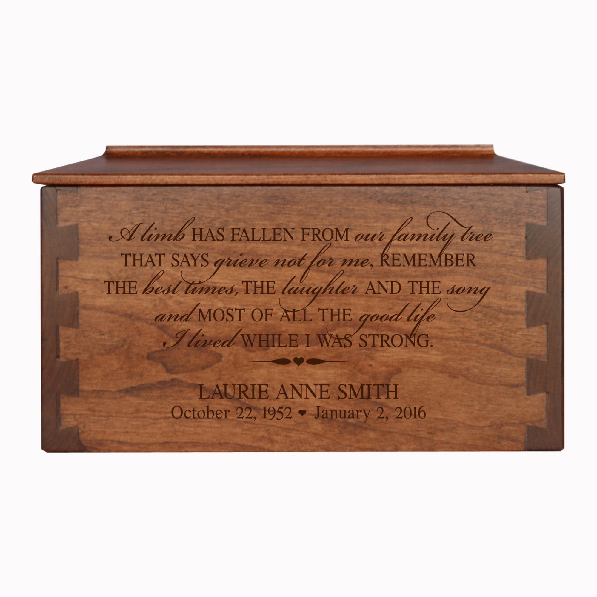 Custom Wooden Cremation Urn Box Medium for Human Ashes holds 146 cu in A Limb Has Fallen - LifeSong Milestones