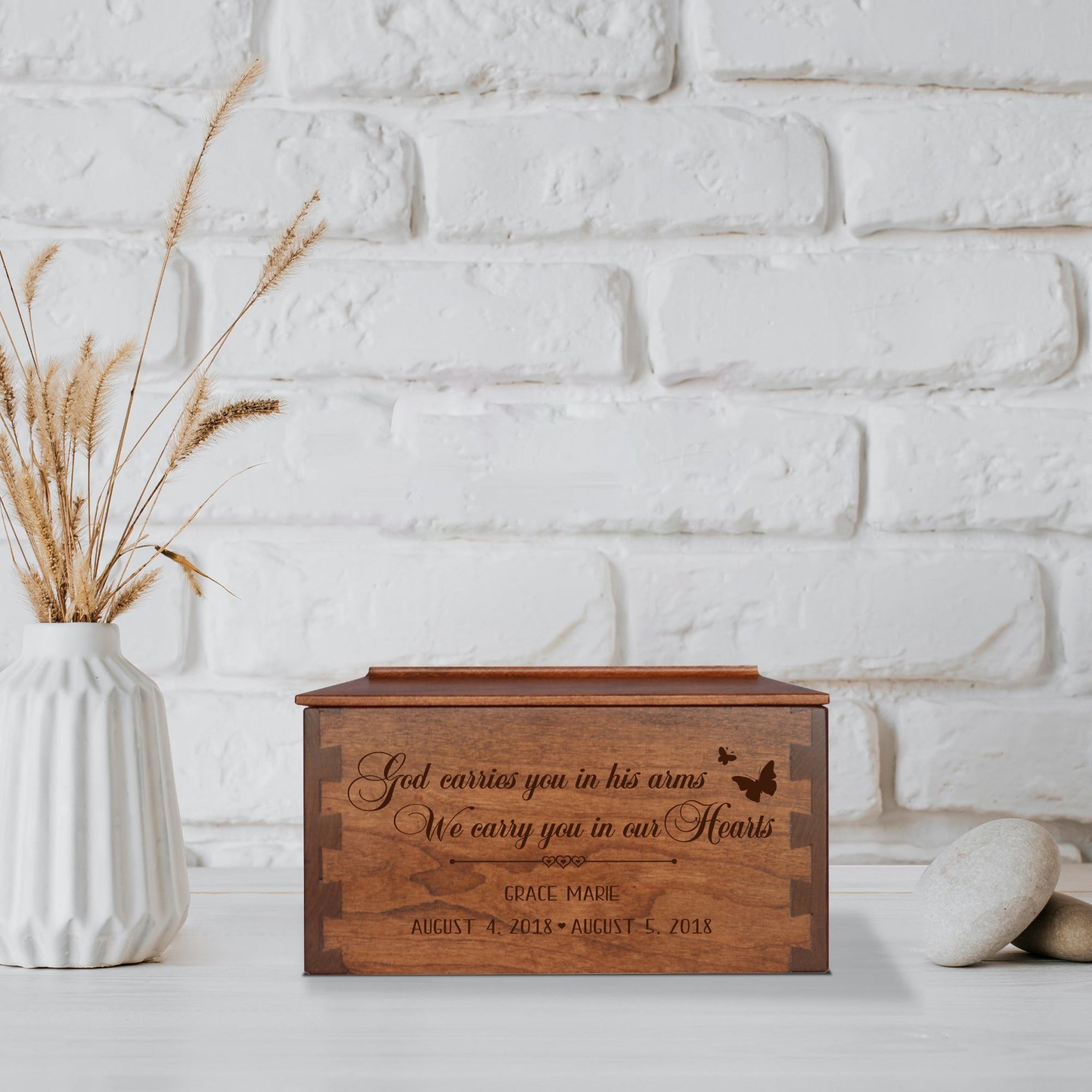 Custom Wooden Cremation Urn Box Medium for Human Ashes holds 146 cu in God Carries You - LifeSong Milestones