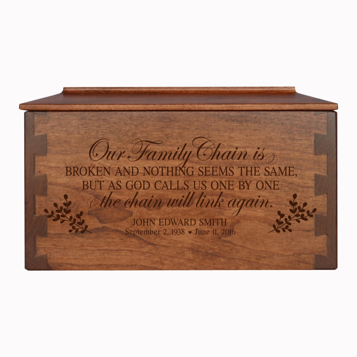 Custom Wooden Cremation Urn Box Medium for Human Ashes holds 146 cu in Our Family Chain - LifeSong Milestones