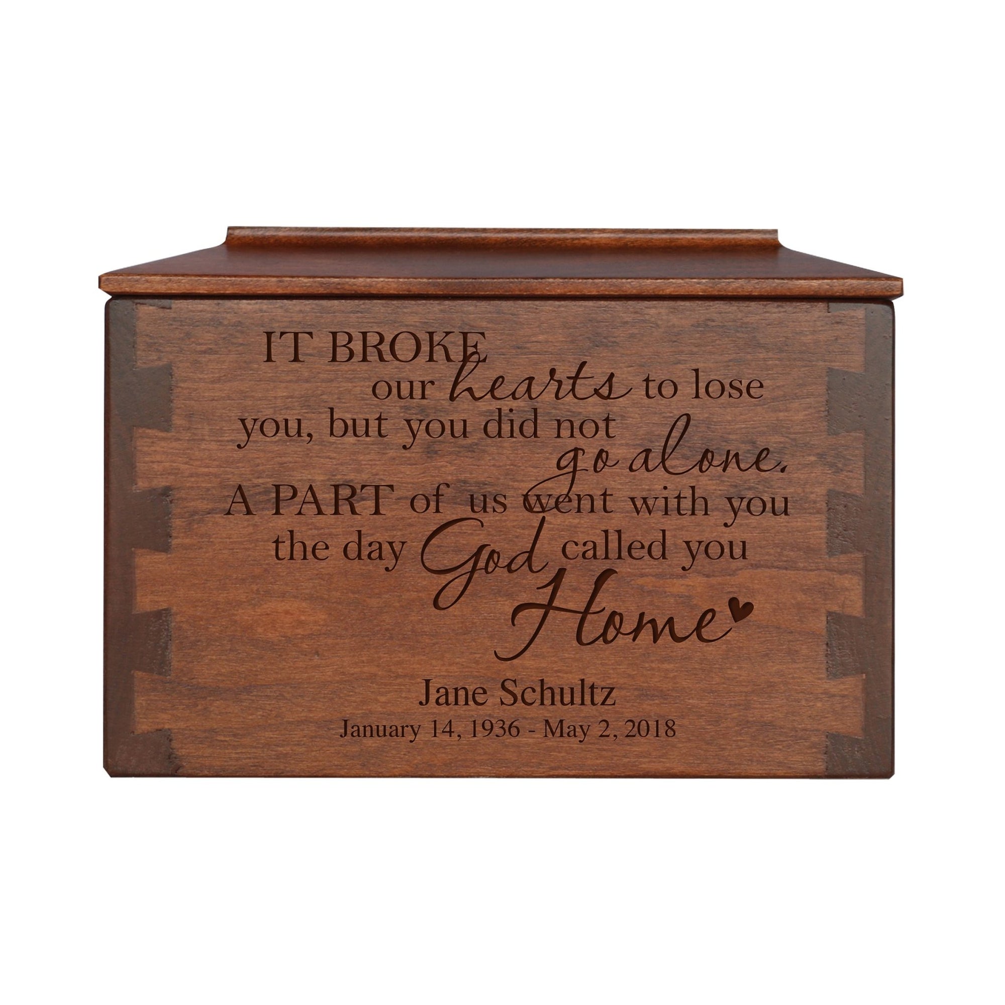 Custom Wooden Cremation Urn Box Small for Human Ashes holds 68 cu in It Broke Our Hearts - LifeSong Milestones