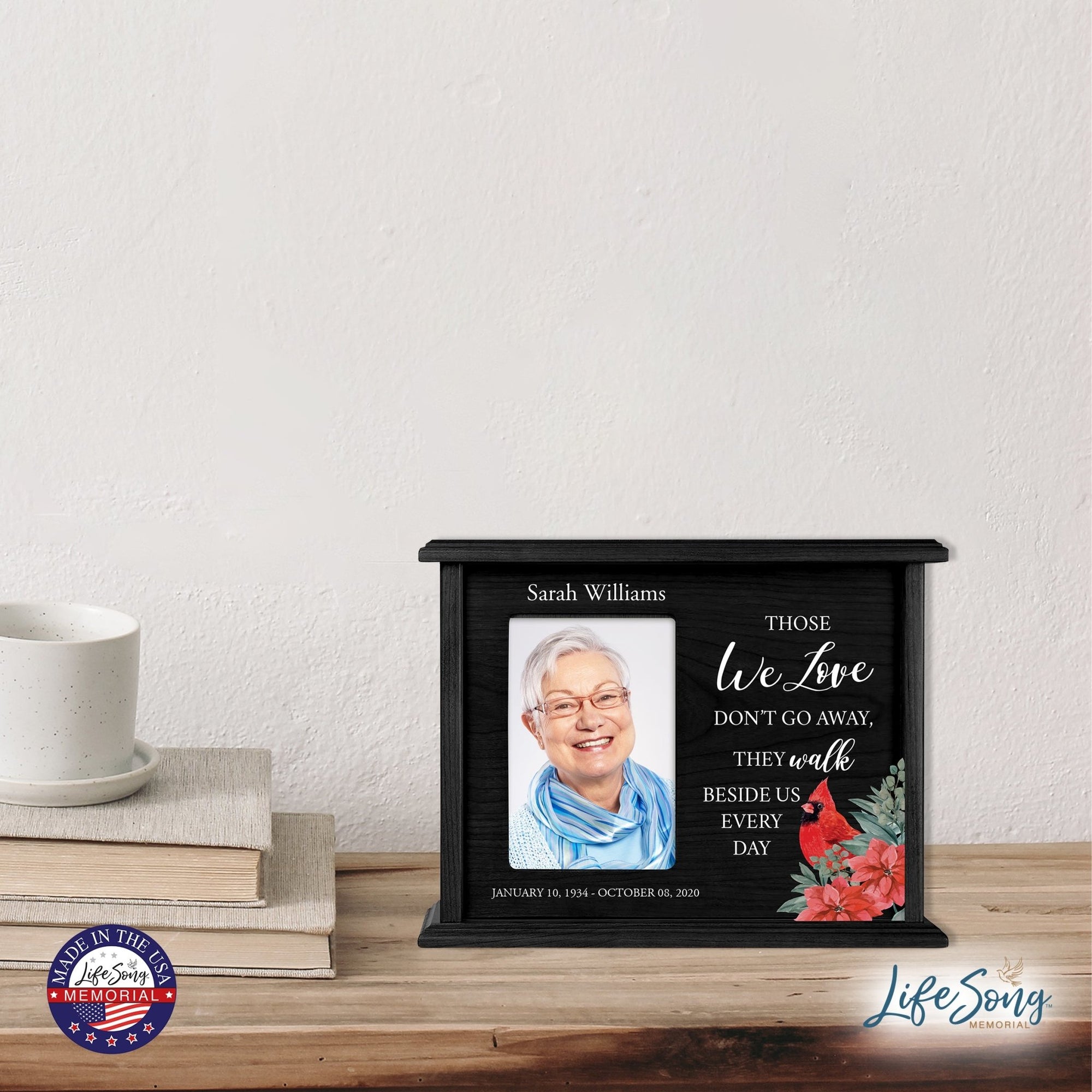 Customized Cardinal Memorial Cremation Urn Wooden Urn Box with 4x6 Photo holds 200 cu in Those We Love - LifeSong Milestones