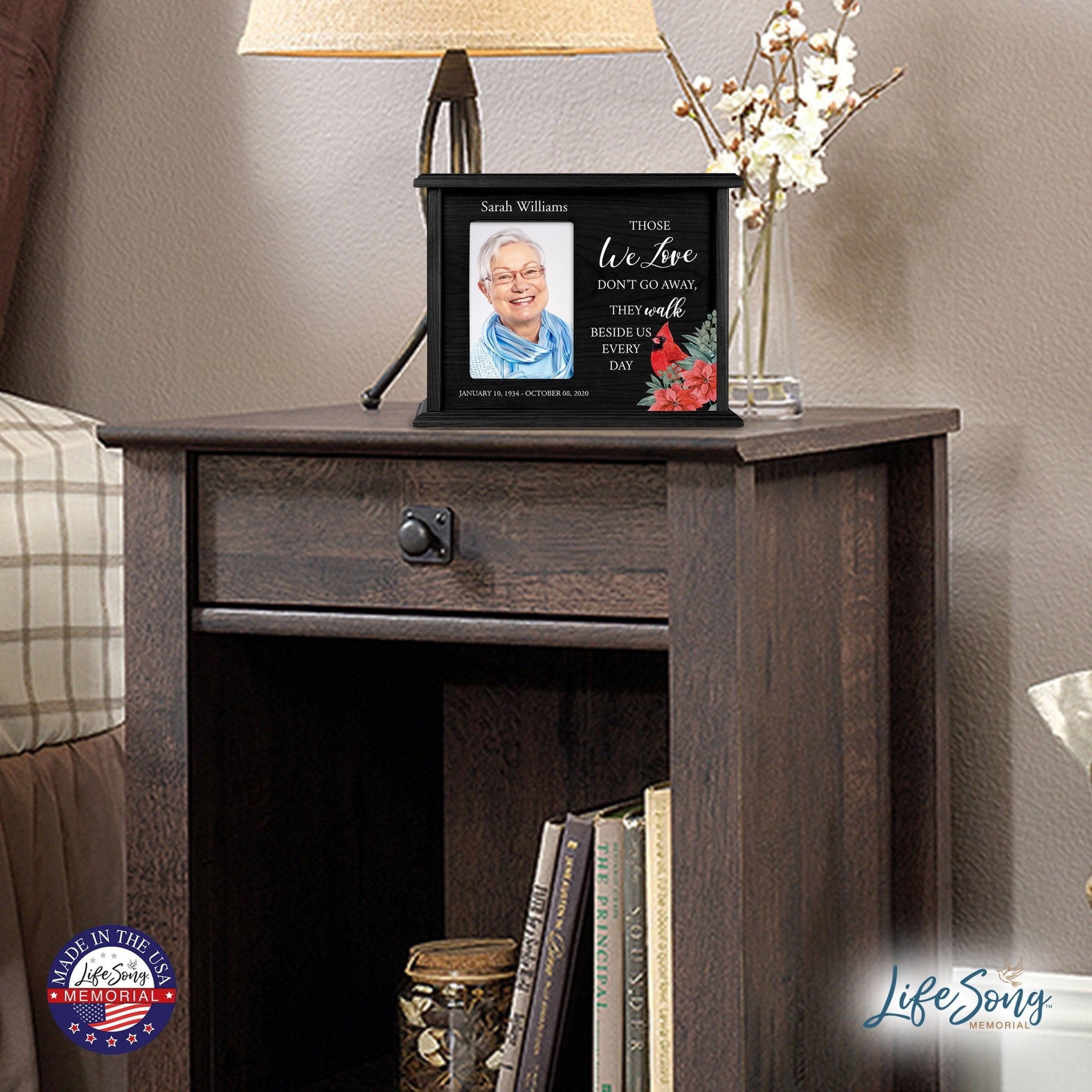 Customized Cardinal Memorial Cremation Urn Wooden Urn Box with 4x6 Photo holds 200 cu in Those We Love - LifeSong Milestones