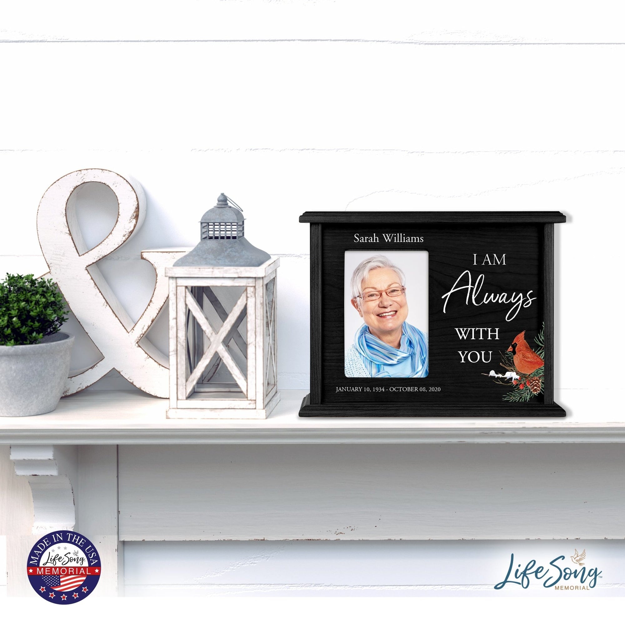 Customized Cardinal Memorial Cremation Urn Wooden Urn Box with 4x6 Photo holds 200cu in I Am Always - LifeSong Milestones