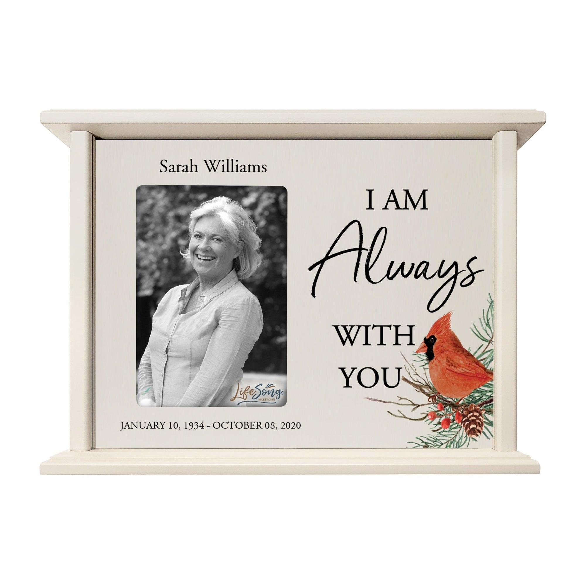 Customized Cardinal Memorial Cremation Urn Wooden Urn Box with 4x6 Photo holds 200cu in I Am Always - LifeSong Milestones