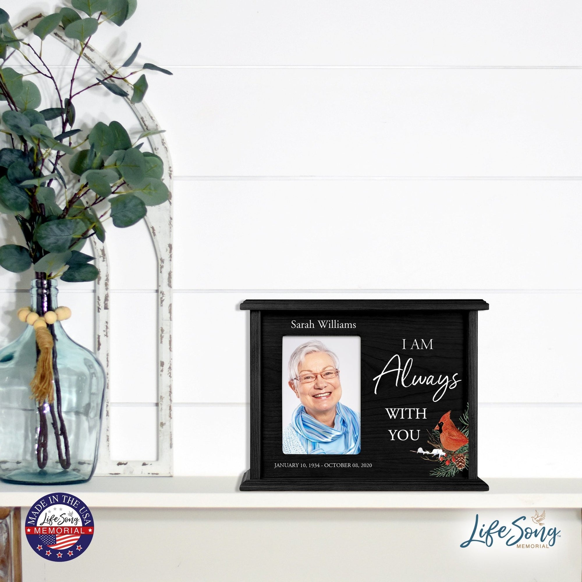 Customized Cardinal Memorial Cremation Urn Wooden Urn Box with 4x6 Photo holds 200cu in I Am Always - LifeSong Milestones