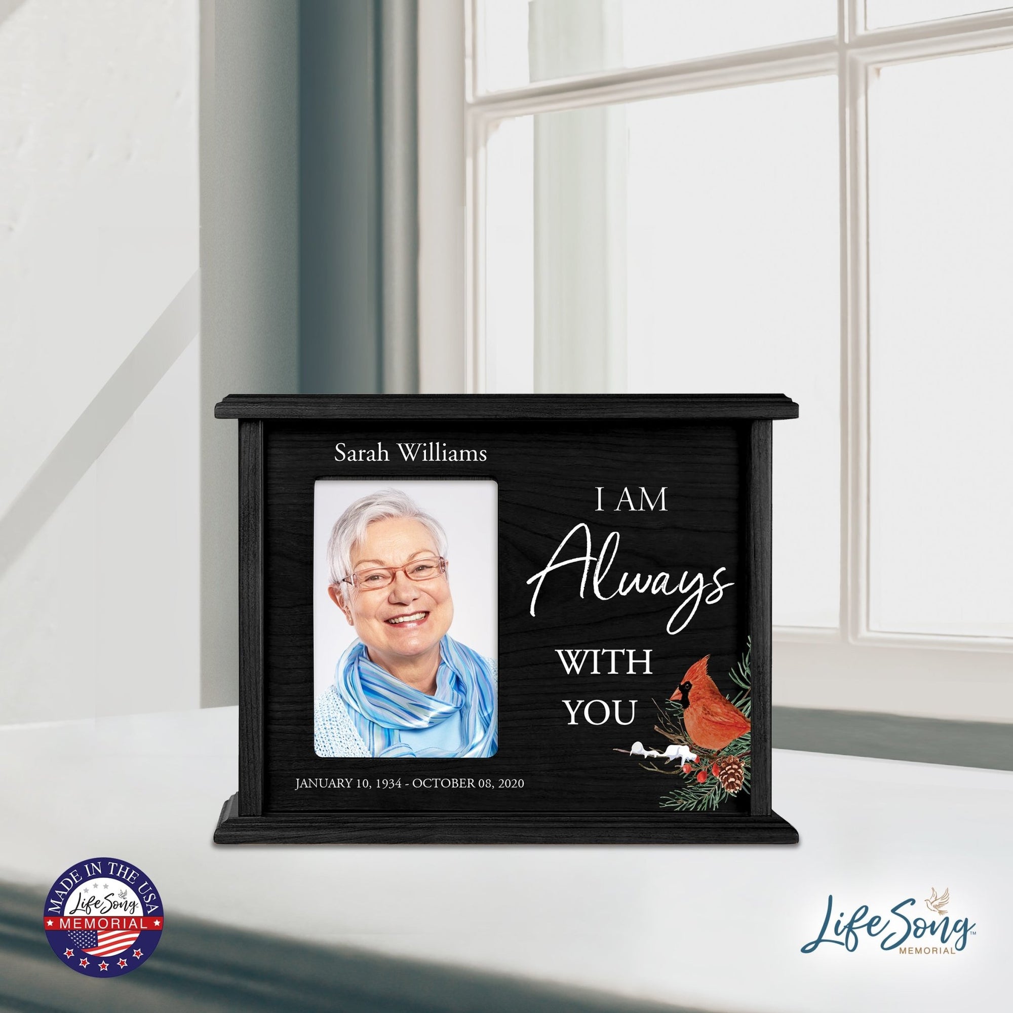 Customized Cardinal Memorial Cremation Urn Wooden Urn Box with 4x6 Photo holds 200cu in I Am Always - LifeSong Milestones