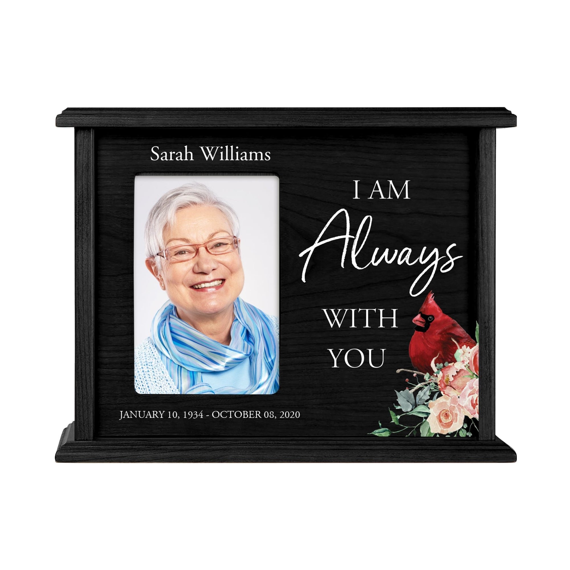 Customized Memorial Cremation Urn Wooden Urn Box with 4x6 Photo holds 200 cu in I Am Always - LifeSong Milestones